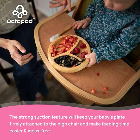 Abiie Octopod Bamboo Dish & Spoon - Suction Baby Plate - 4 Mos & Up - Blue