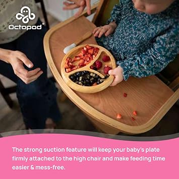 Abiie Octopod Bamboo Dish & Spoon - Suction Baby Plate - 4 Mos & Up - Blue