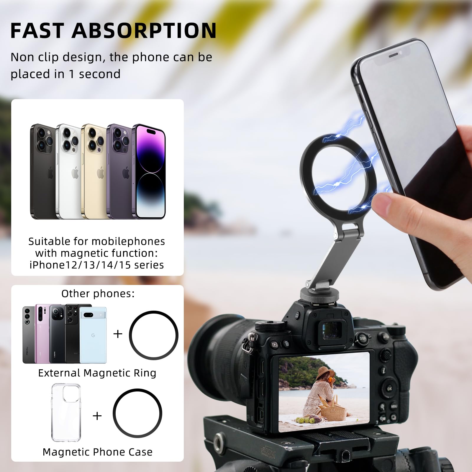 REYGEAK Adattatore per treppiede per telefono, supporto per fotocamera con vite da 1/4, supporto magnetico flessibile per telefono Magsafe iPhone16 15 14 13 12 Pro Max Plus Mini