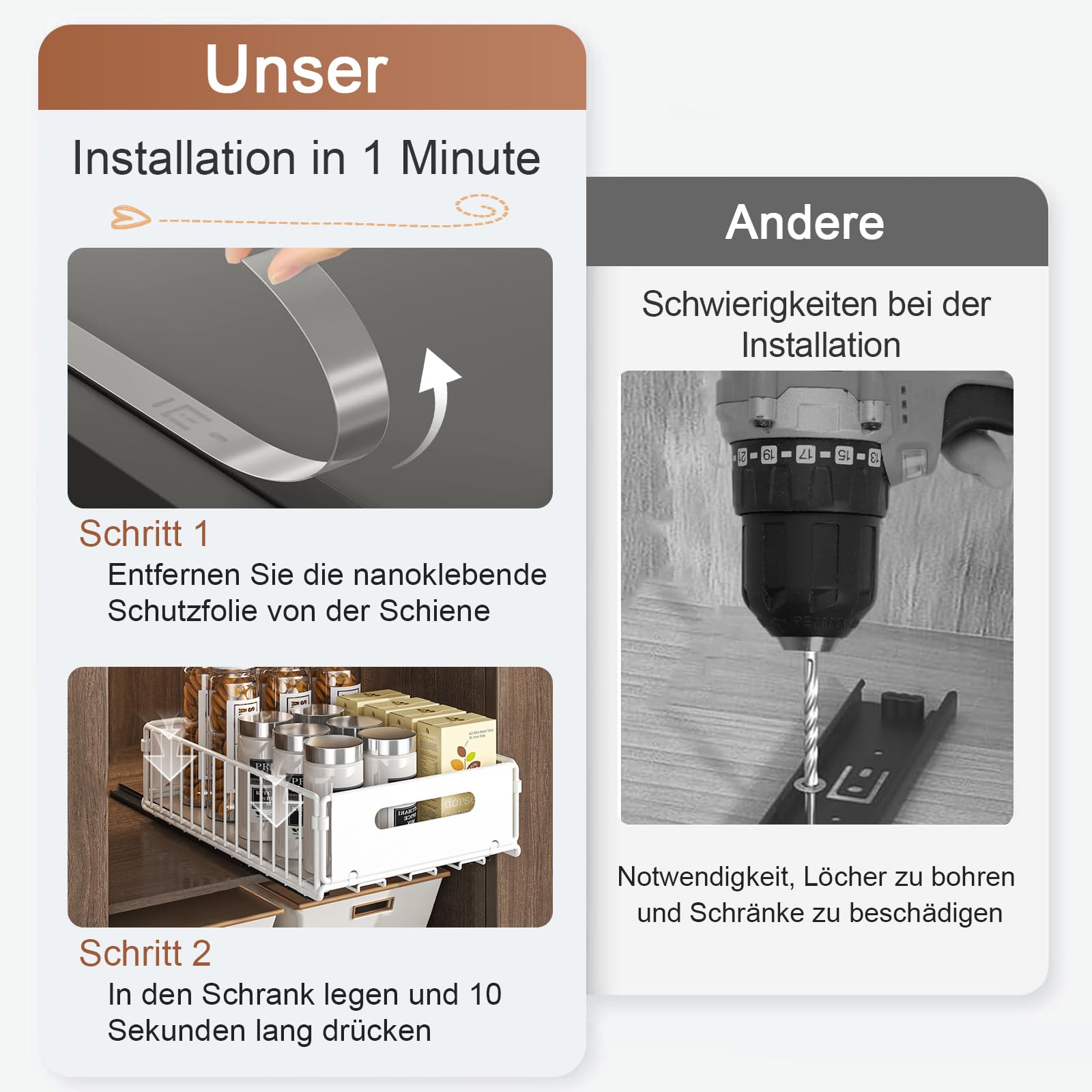 faltbarer ausziehbarer Schrank-Organizer, ausziehbarer Schrank-Organizer, ausziehbare Schubladen-Regalaufbewahrung für die Organisation von Küchenschränken (White, 2 Large + 2 Small)
