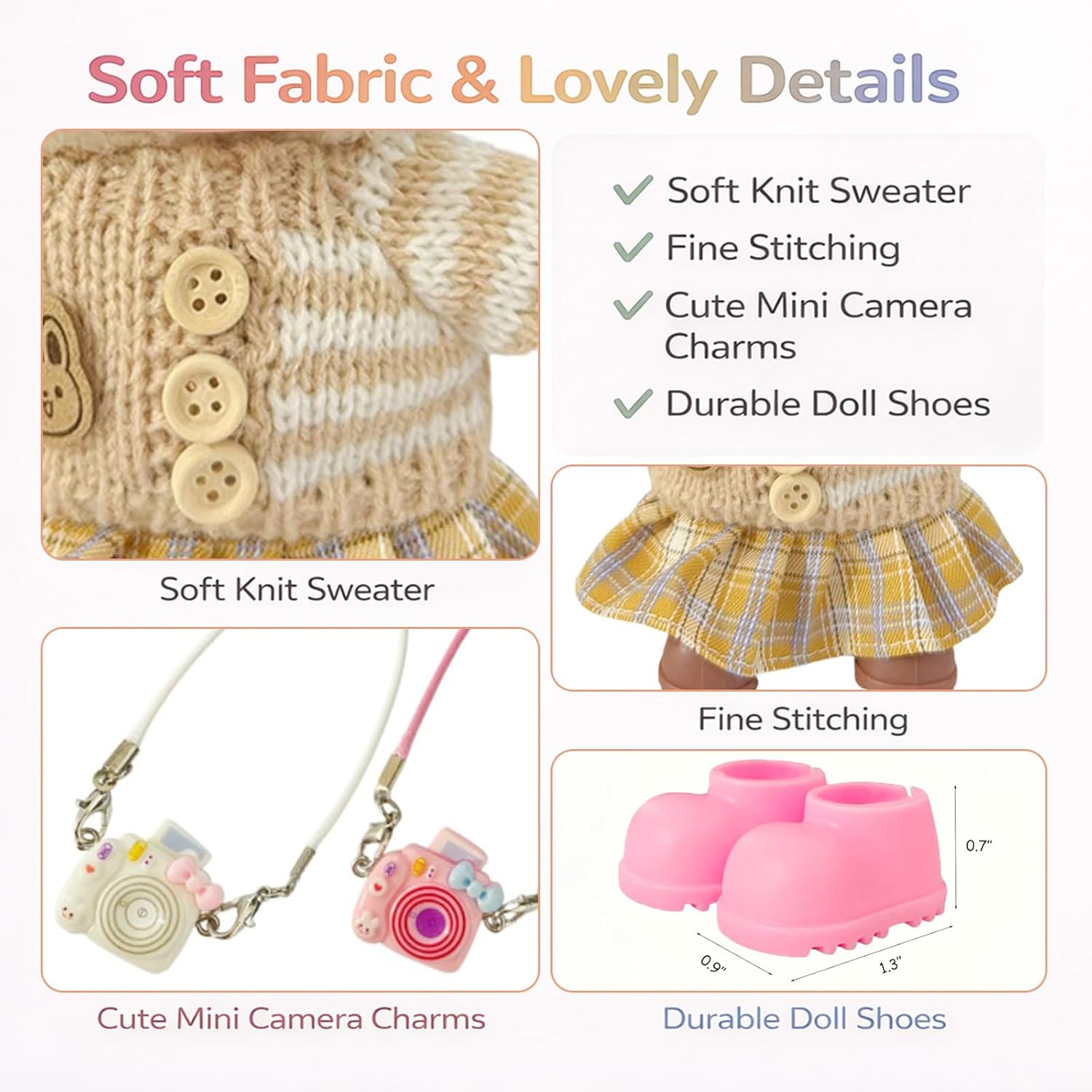 Ezcora 17cm Doll Clothes Outfit Set, 5 Cozy Knit Outfits with Hats, Skirts, Shorts and Doll Accessories, Perfect for Play and Display, Doll Accessories for Collectors (No Dolls)