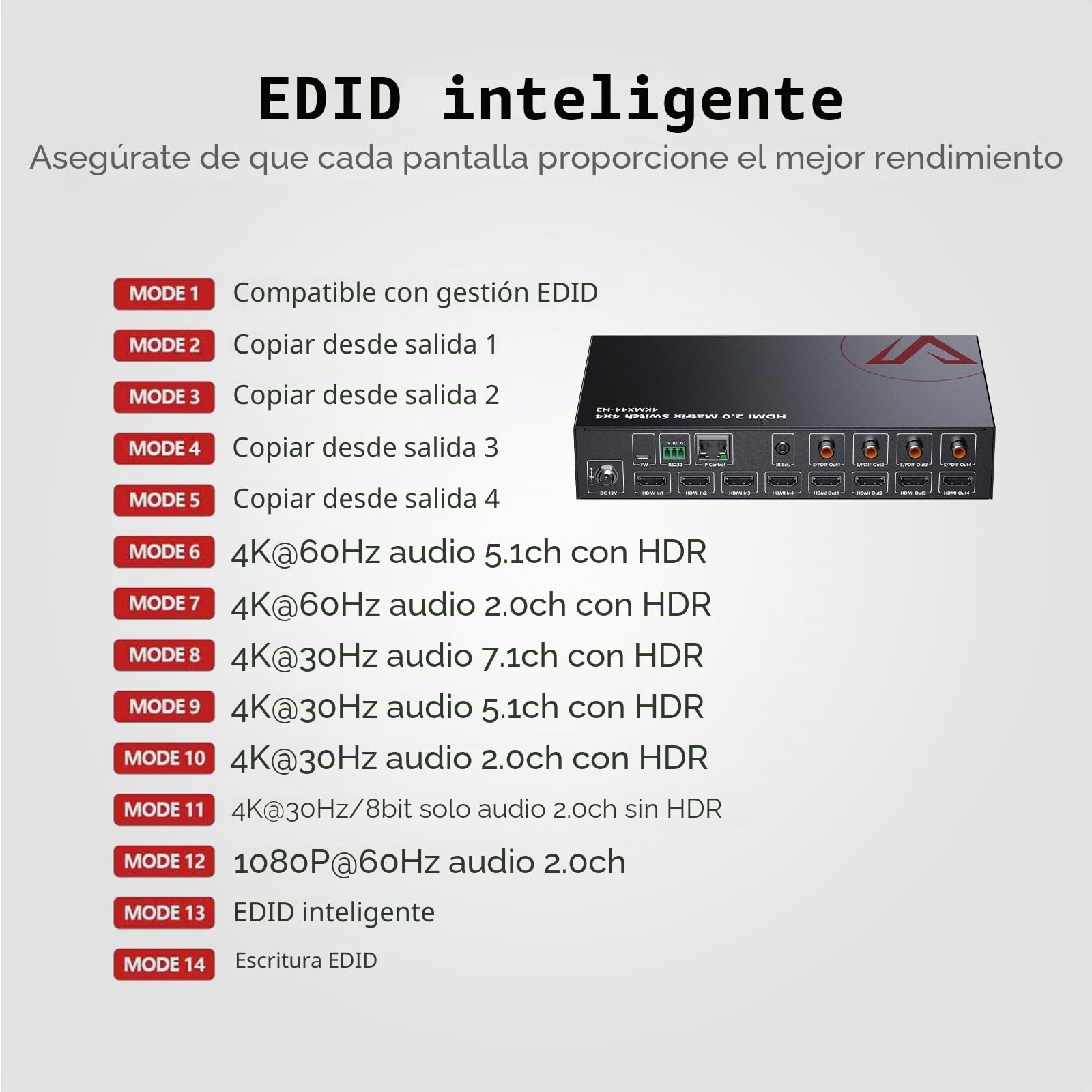Divisor de Matriz HDMI 4x4, 4K@60Hz con HDR Dolby Vision, Extracción de Audio SPDIF 5.1CH, Reducción de Escala de 4K a 1080P, CEC, Interfaz de Usuario Web, Memoria de Apagado, Control IR API RS232