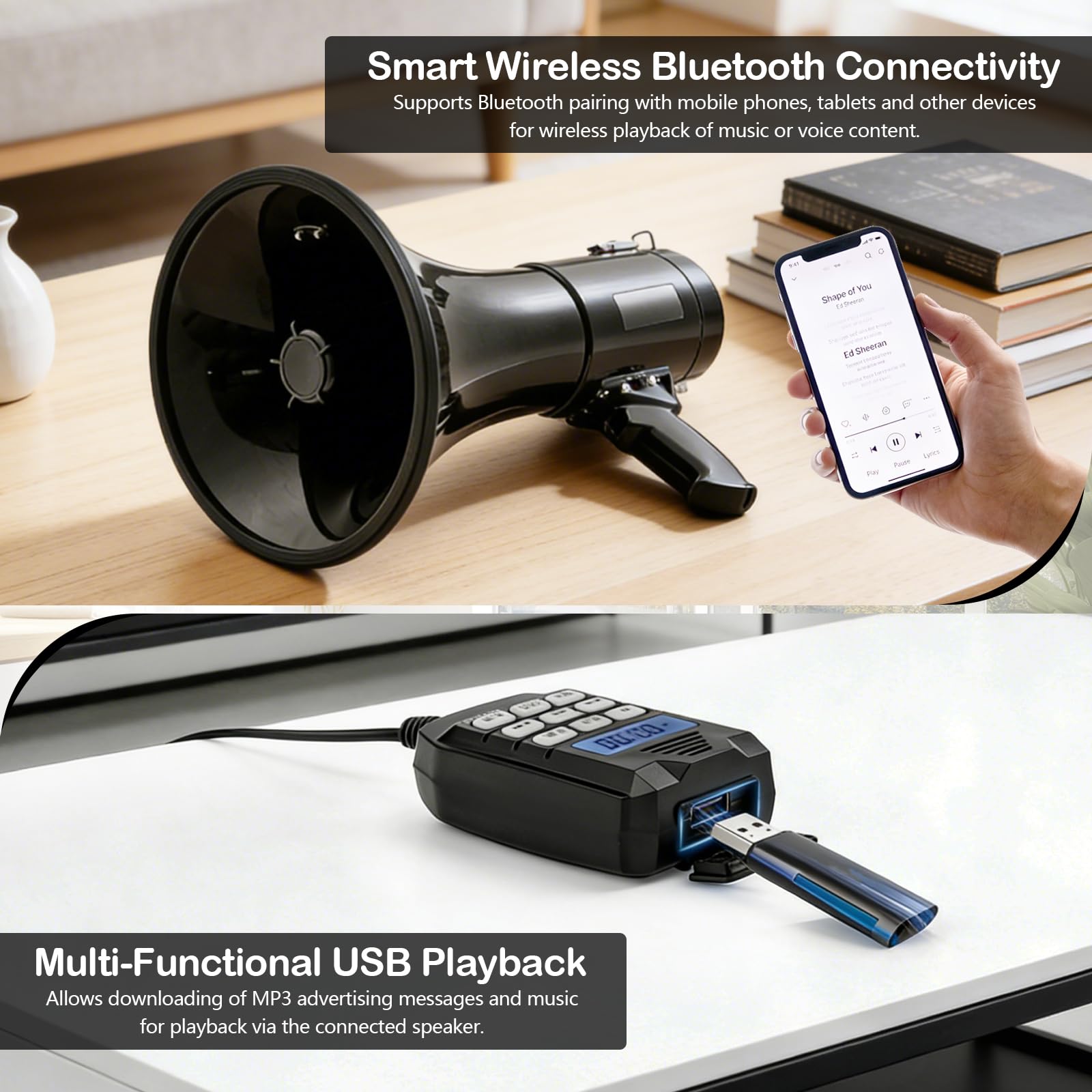 Megafono con Sirena e Microfono, Funzione di Registrazione e Bluetooth, Potenza Massima 100 W con Una Portata di 2000 m, MP3, USB, SD, AUX, megafono con Tracolla.