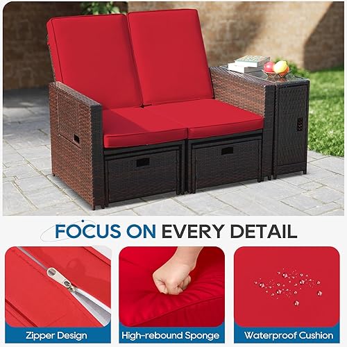 Miniatura 5 de Tumbona de mimbre para exteriores, 5 piezas, silla reclinable ajustable de ratán con otomana y mesa auxiliar, para patio, playa, piscina, patio