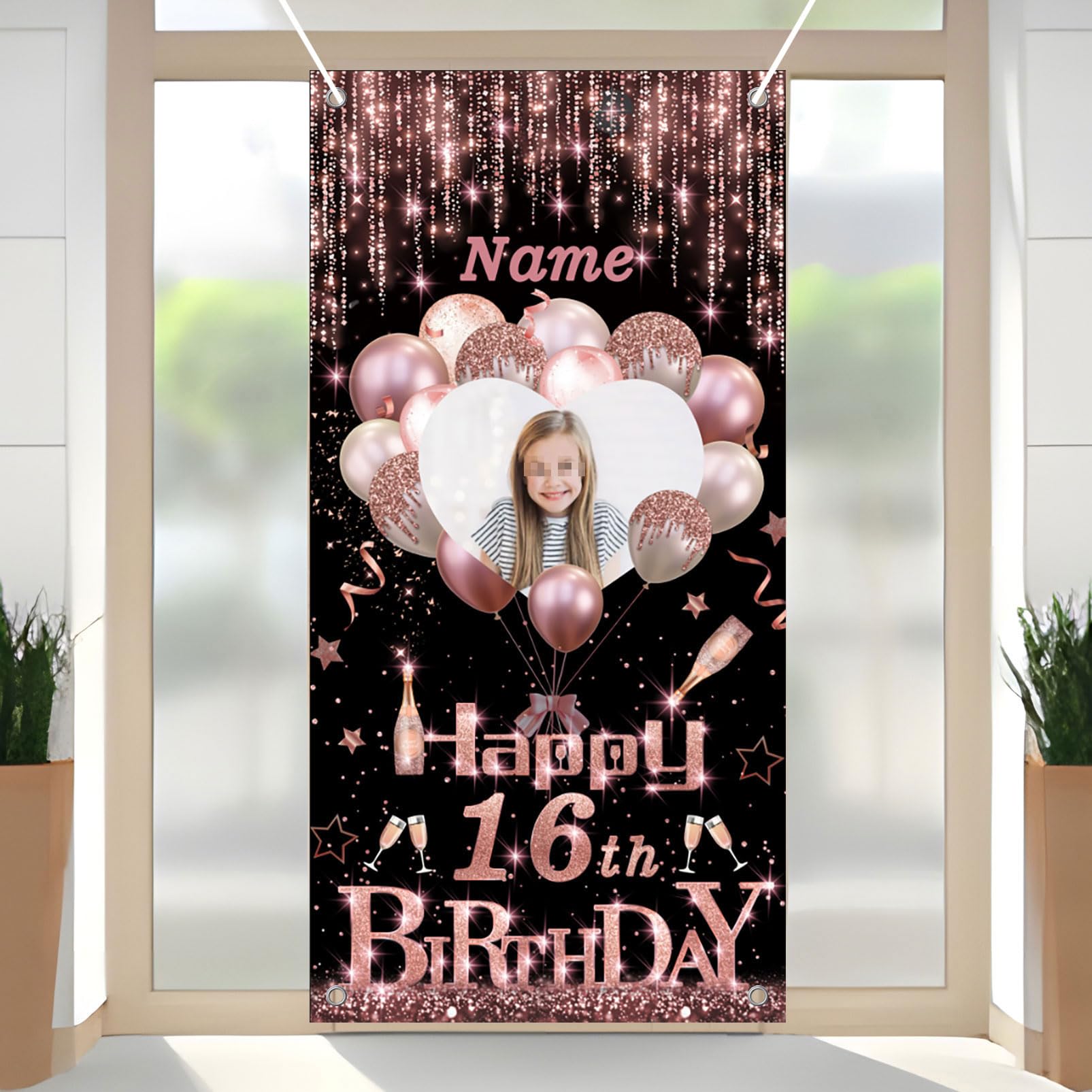 AUBAO Custom Rose Gold Happy Birthday Door Banner Backdrop Birthday Decorations Party Supplies for Girl Women(16th)