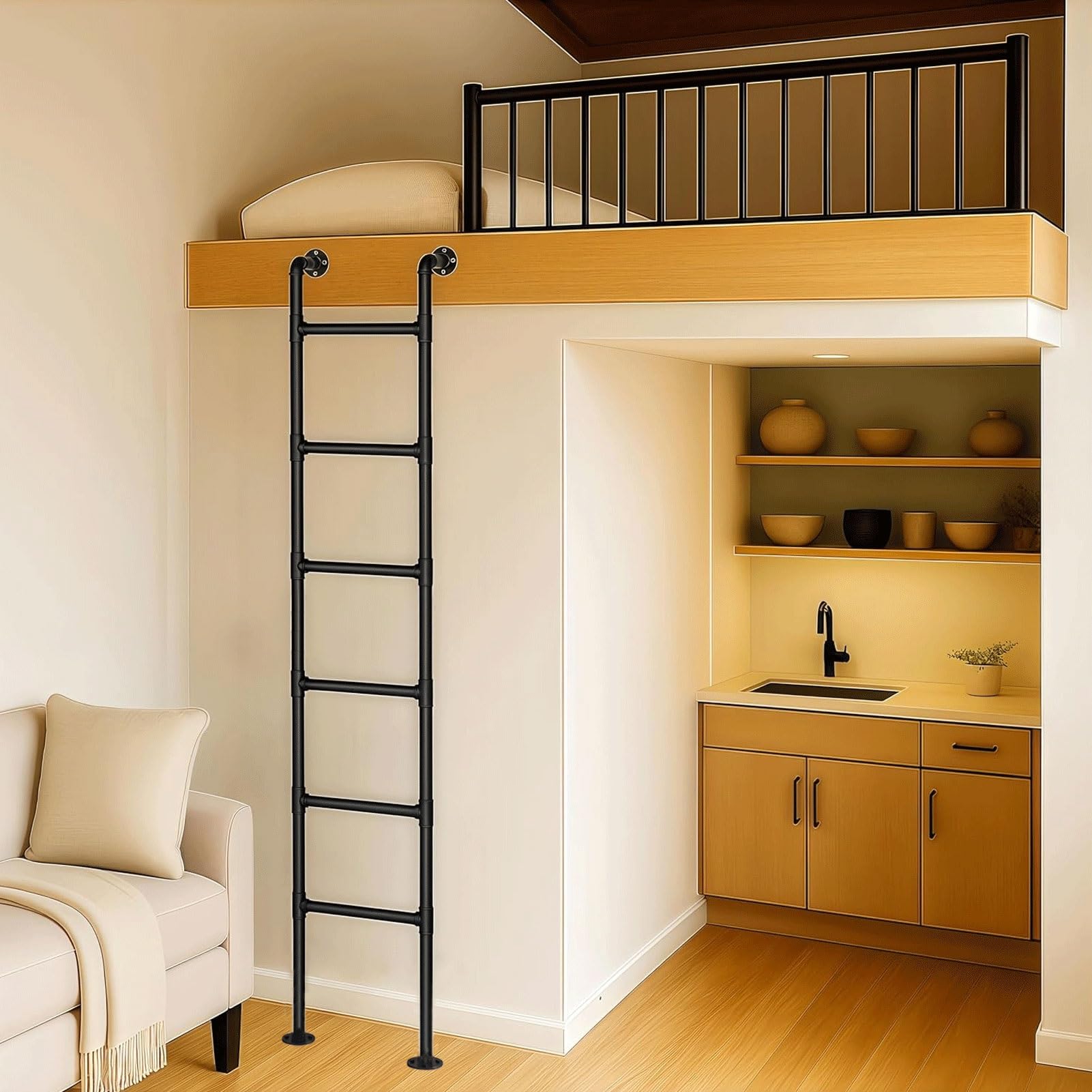 Black Wall Mounted Attic Loft Ladder, Egress Ladder for Window Well, Bunk Bed, Camper, RV, Indoor Outdoor Safety Climb Ladders for Bedroom, Basement, Dorm &amp; Small Spaces(1m/3.3ft/39.4 in)