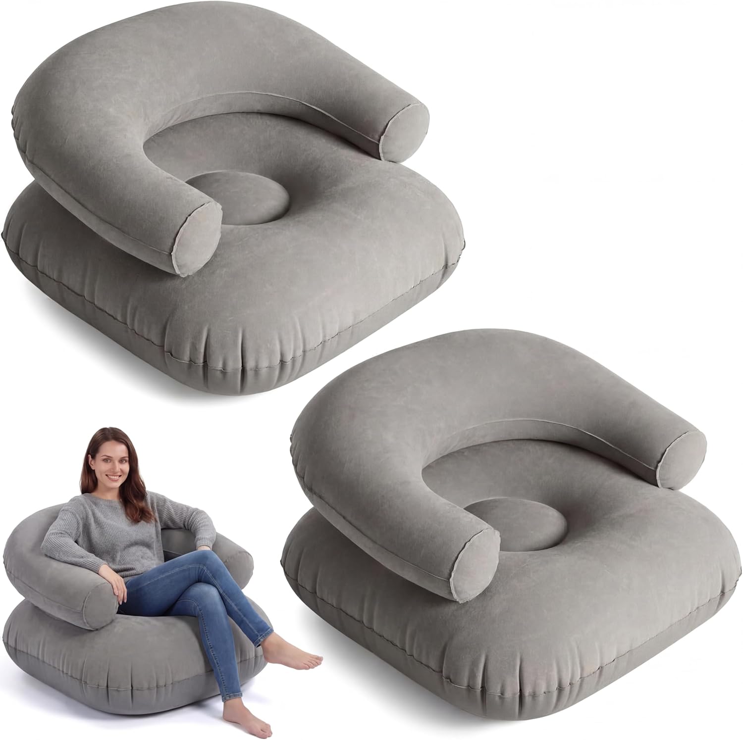 2 Pcs Inflatable Lounge Chair Deck Chair Lazy Sofa, Blow Up, Folding, Portable Couch for Home, Office Balcony, Floor Seating (Grey)