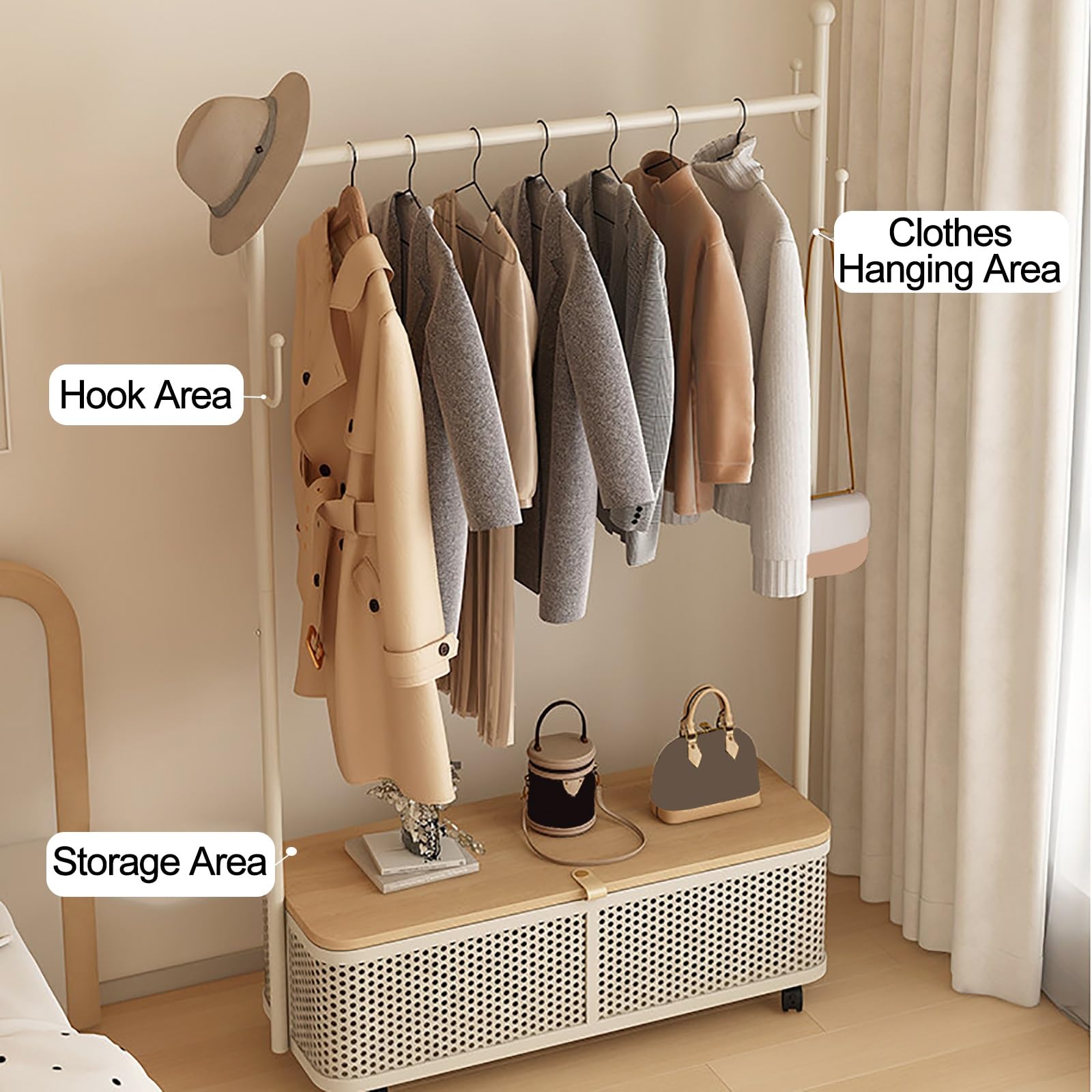 Perchero portátil de metal rodante, perchero para el hogar, dormitorio, cuarto de lavado, organizador de armario, diseño resistente, fácil de mover, solución de almacenamiento versátil