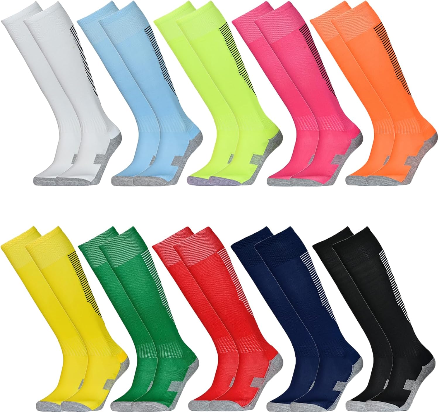 Tergy 10 Pairs Kids Soccer Socks Stretchy Knee High Tube Colorful Football Athletic Team Socks for Boys Girls