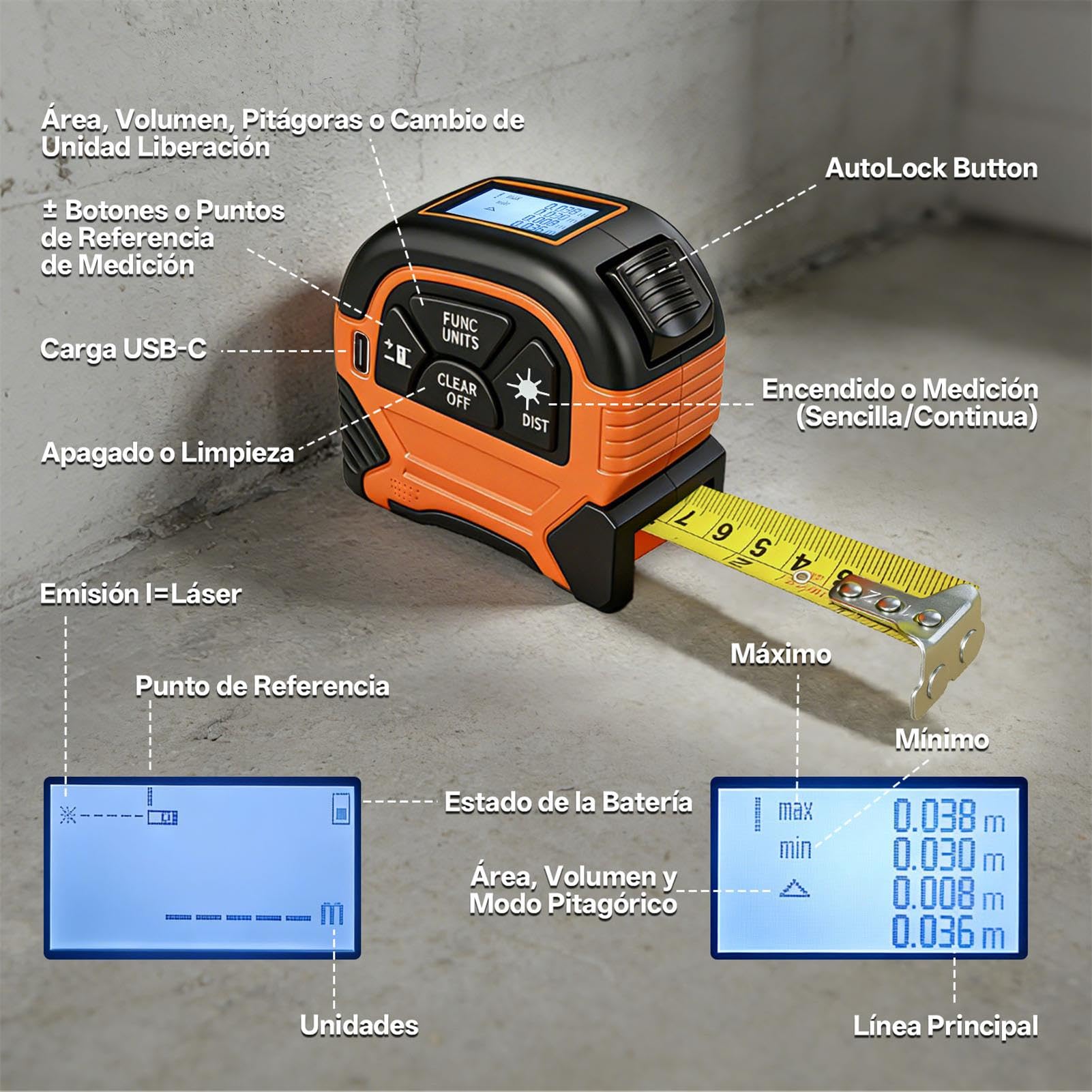 Cinta Metro Laser 2 en 1 - ansigtny Recargable Medidor de Distancia Láser Digital de 60 m y Cinta Metrica de 5m con Gancho Magnético, Metro Digital para Bricolaje y Decoración del Hogar (M/In/Ft)