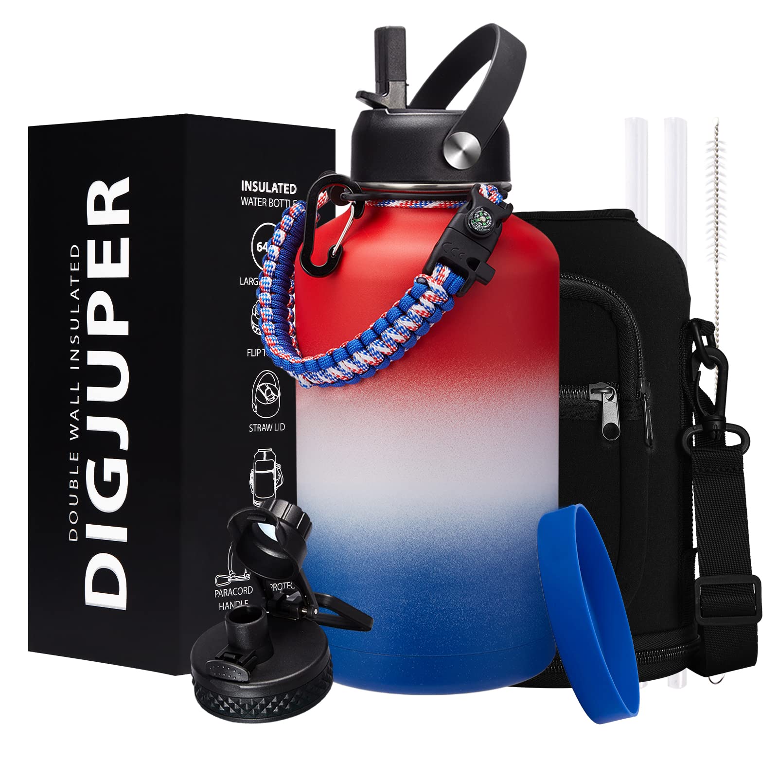 Half-Gallon Vacuum Water-Bottle with Sleeve, Paracord Handle, Straw & Spout Lid, 64oz Stainless Steel Insulated Water Jug, Cold-48h & Hot-24h Triple-Wall Metal Vacuum Flasks for Sports Hiking Camping