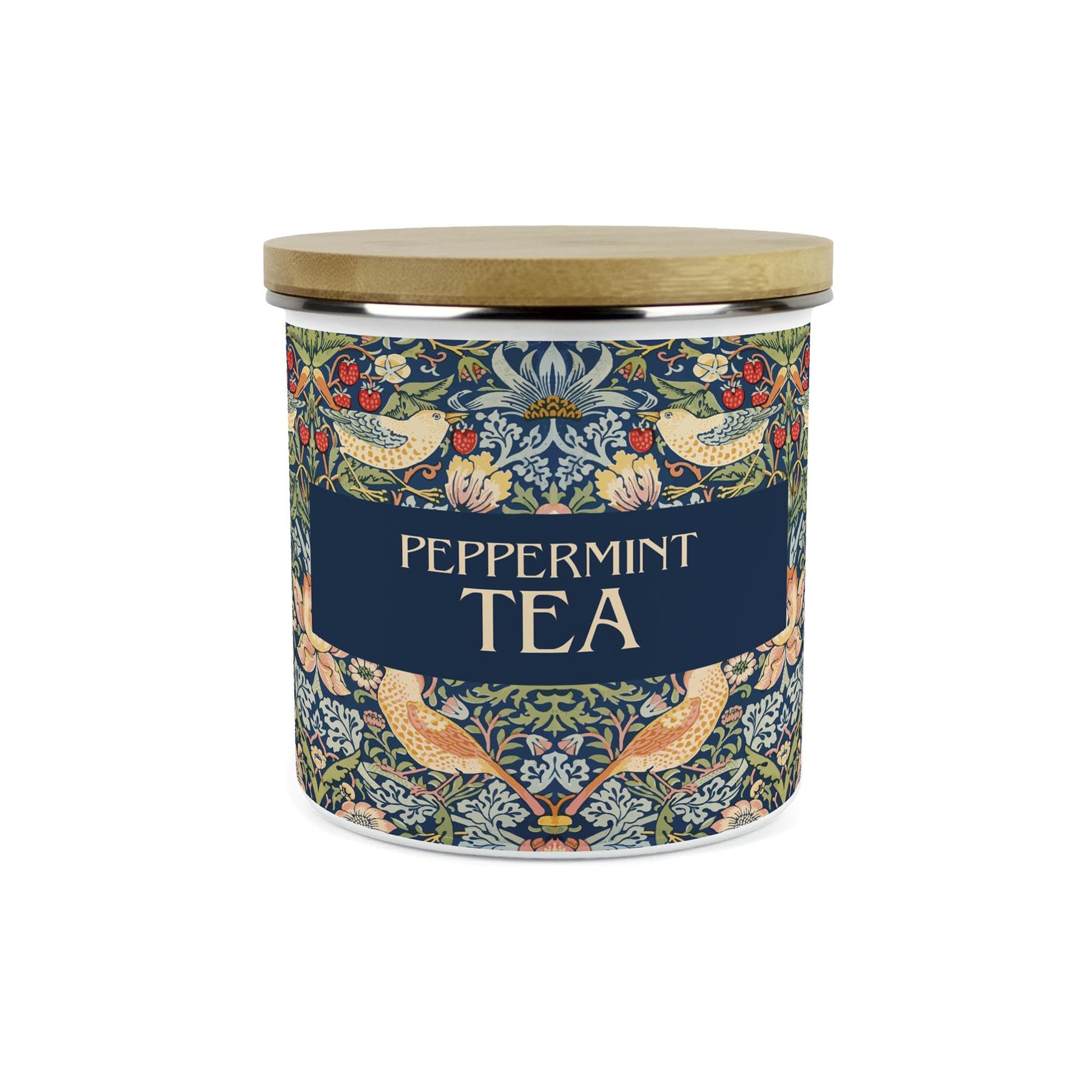 Purely Home Blue Strawberry Thief Peppermint Tea Canister - 1.2L Large William Morris Inspired Tapestry Artwork Enamel Kitchen Storage Gift