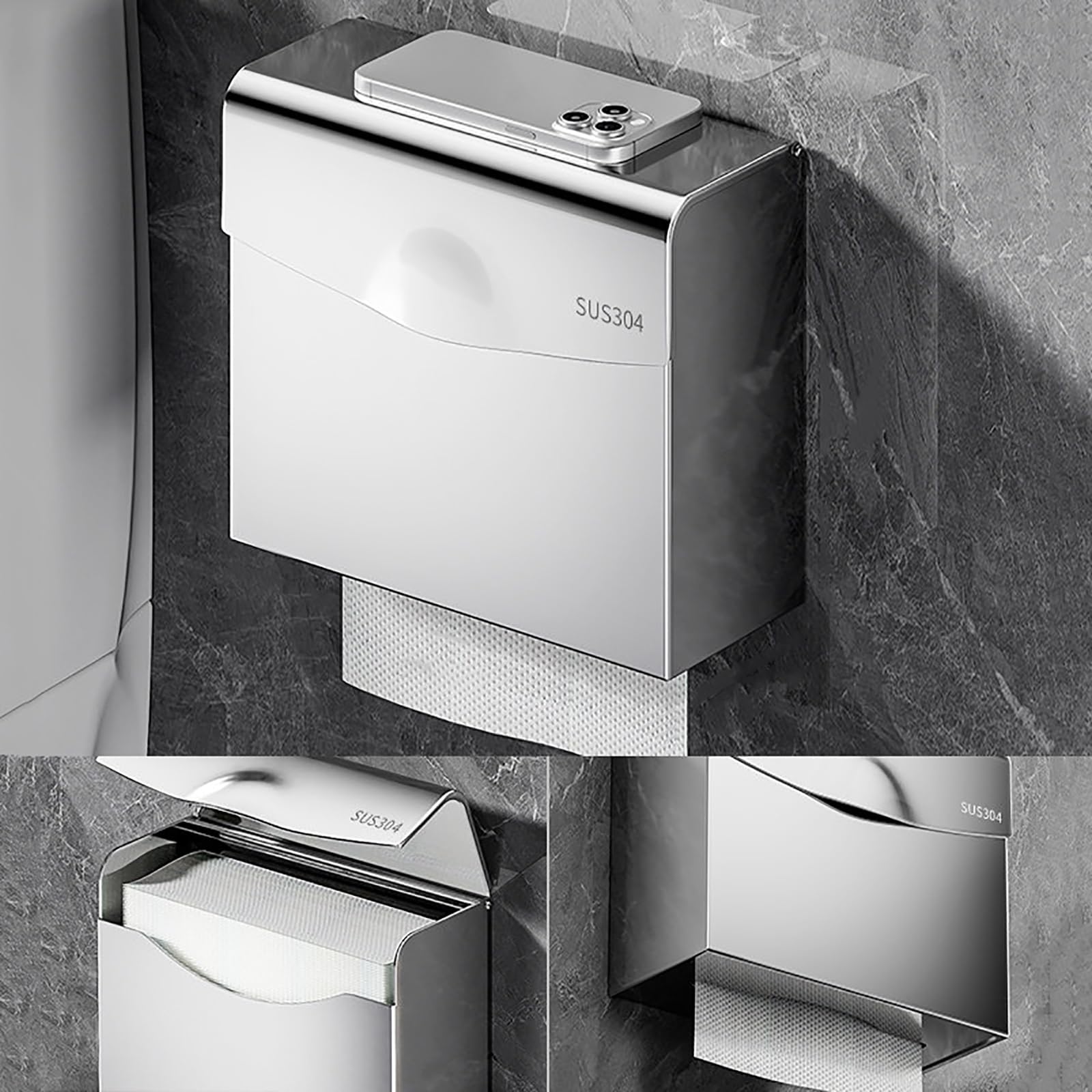 Dispenser Carta Igienica, Dispenser Carta Asciugamani, Distributore di Fazzoletti Commerciale, Porta Carta Igienica da Parete, Portacartaigienica Bagno Acciaio Inossidabile(Silver)