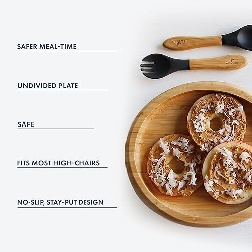 Miniatura 4 de Avanchy Platos clásicos para bebés de bambú no divididos con succión para bebés y niños pequeños con cuchara de silicona para alimentación, color