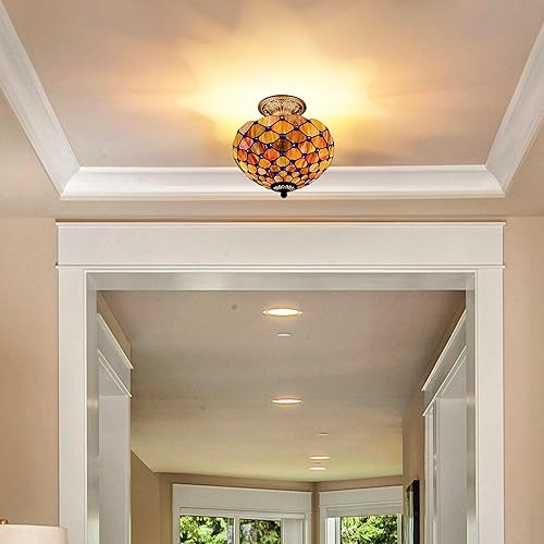 Miniatura 9 de Lámpara de techo Tiffany estilo perlas, lámpara de montaje semiempotrada de vitrales de 12 pulgadas de ancho, 11 pulgadas de alto, declaración de