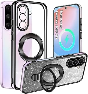 Magnetic Case for Samsung Galaxy A56, MagSafe Compatible, Clear Shockproof Protective Case with Ring Stand, Lightweight Electroplated Phone Case for Samsung A56, Black