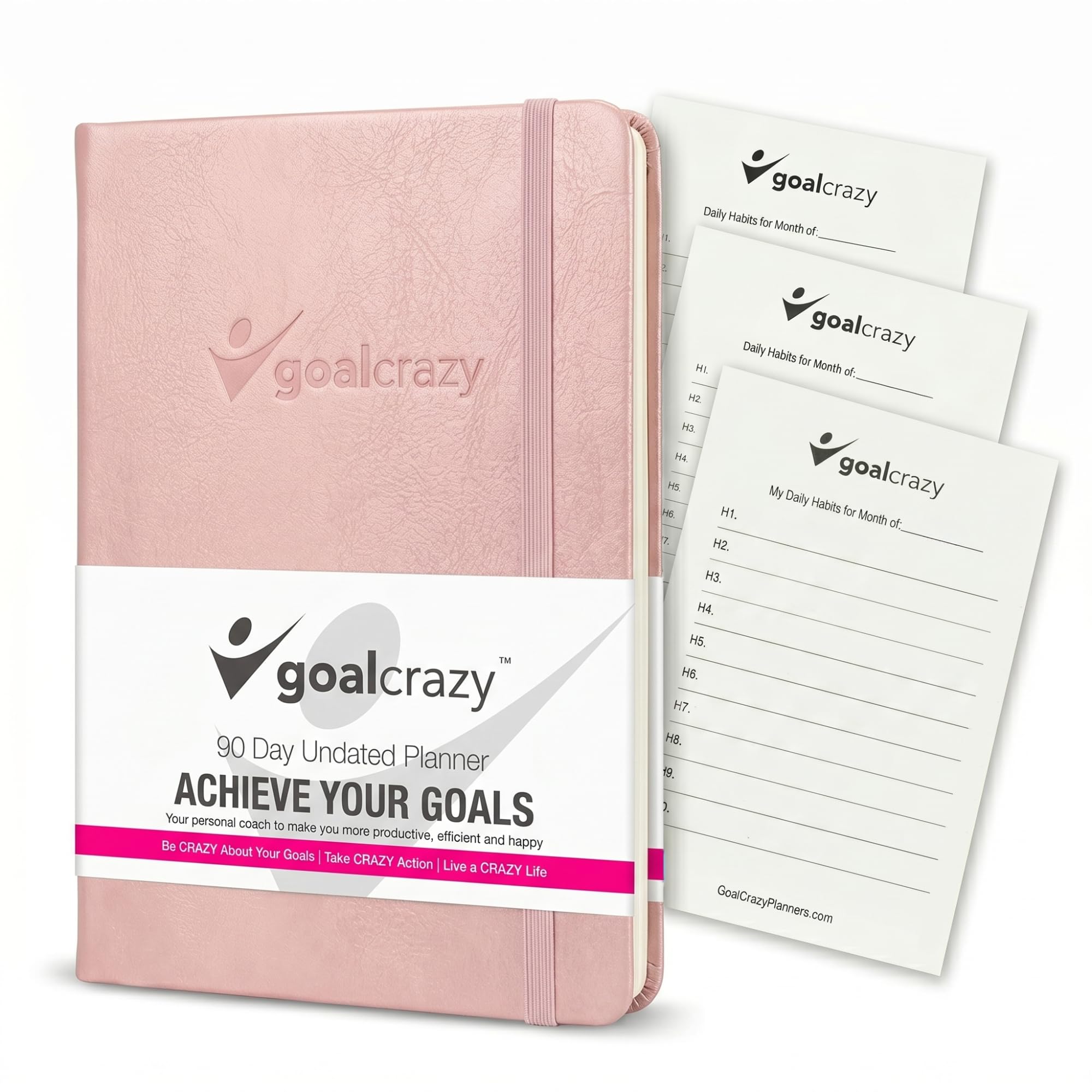 Goal Crazy Planer bez daty, 90-dniowy dziennik z przewodnikiem, organizacja tygodniowa na rok 2021, 2022, lokalizacja życia, różowe złoto, różowe skóra, migdałowe strony