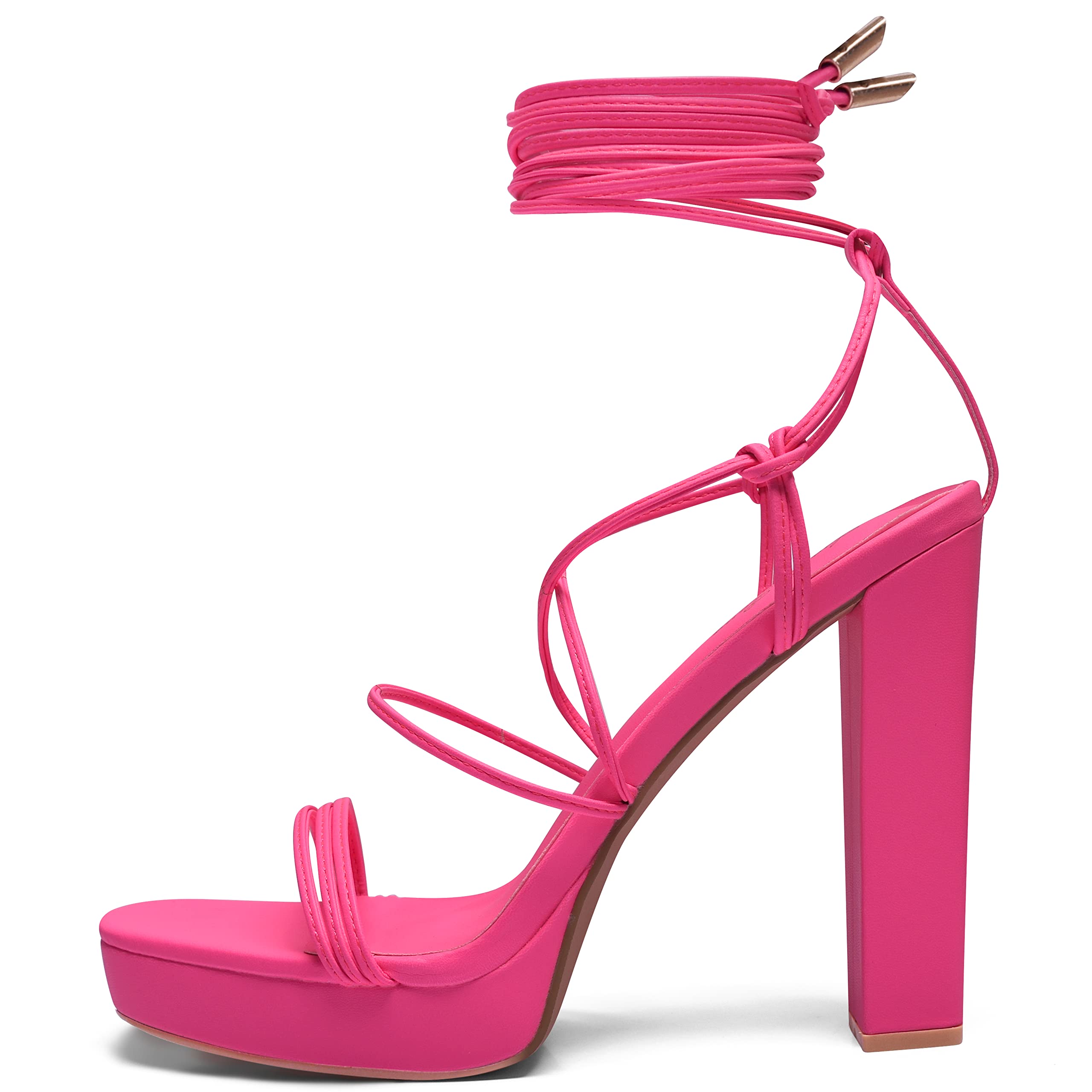 Elisabet Tang Women's Strappy Heeled Sandals, 5 inch Platform Heels Chunky Lace up High Heels Open Toe Party Shoes Hot Pink Matte Size 9