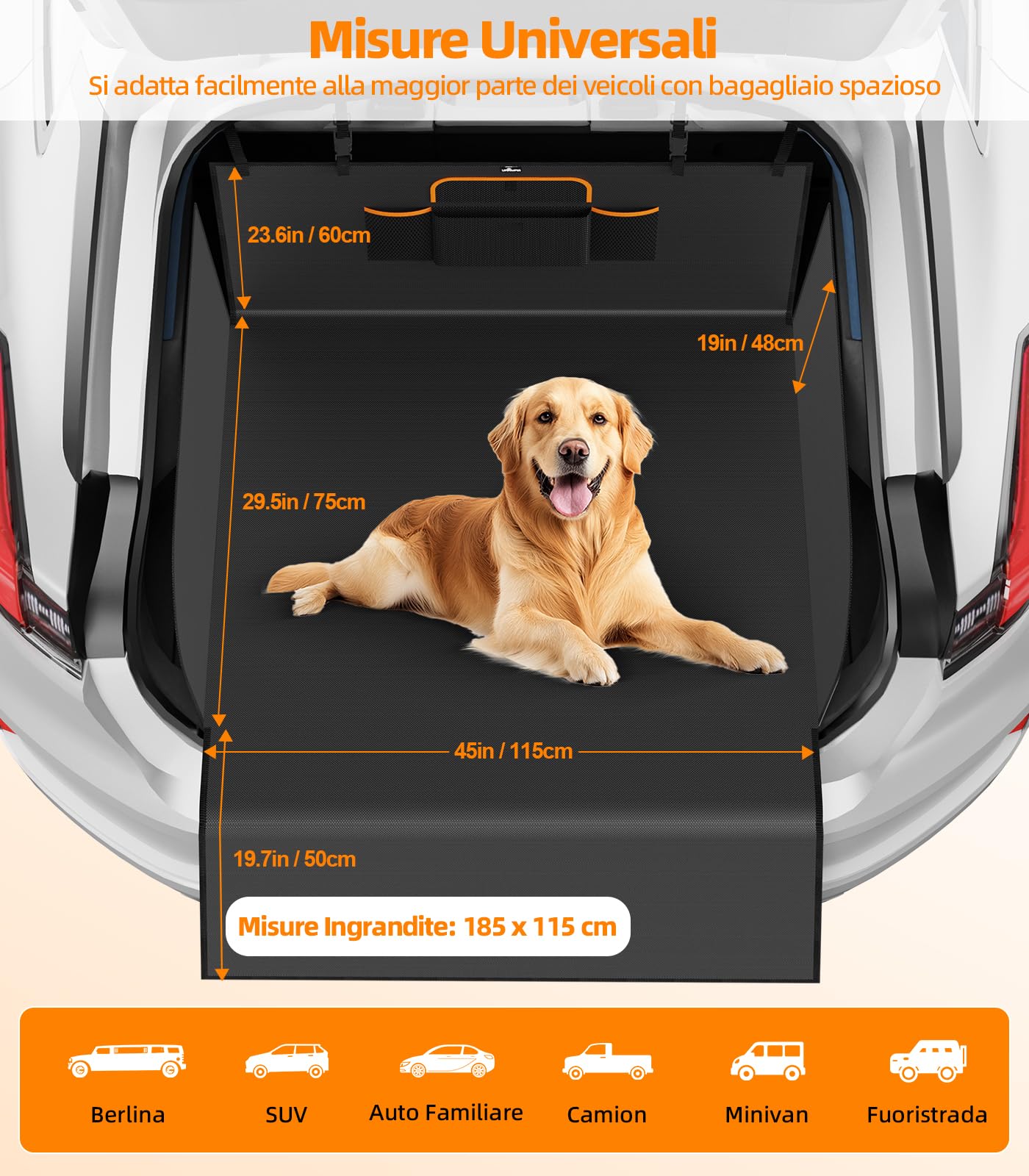 Telo Bagagliaio Auto per Cani Impermeabile Protezione Bagagliaio Auto con Protezione Laterale e Paraurti Universale Copri Bagagliaio per Cani Resistente ai Graffi per SUV 185 * 115 * 48cm