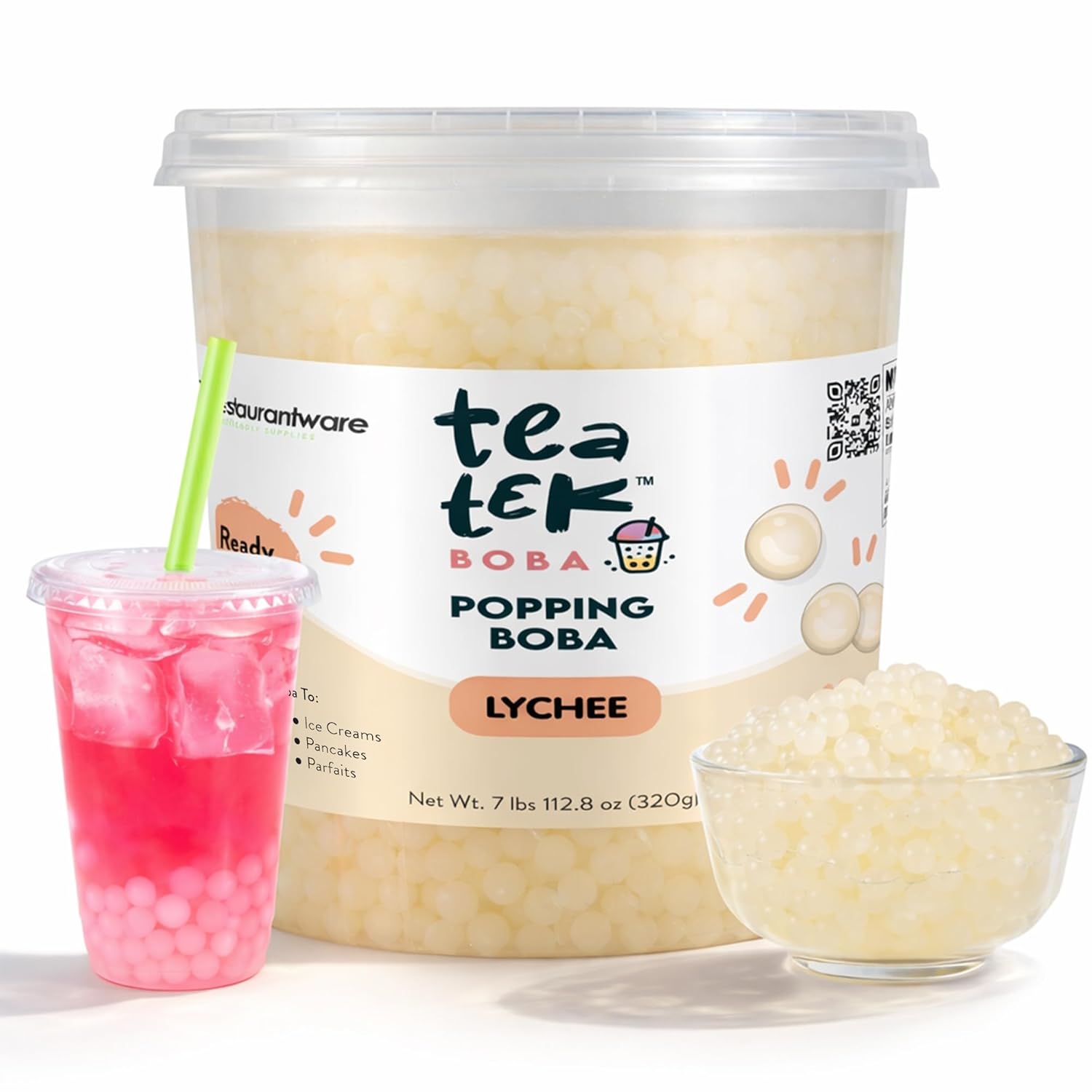 Tea Tek 7 Pound Popping Boba, 1 Count Vegan Lychee Popping Pearl Jar - No Cooking Required, No Gluten, Edible Bursting Boba, Resealable Jar, For Tea, Smoothies