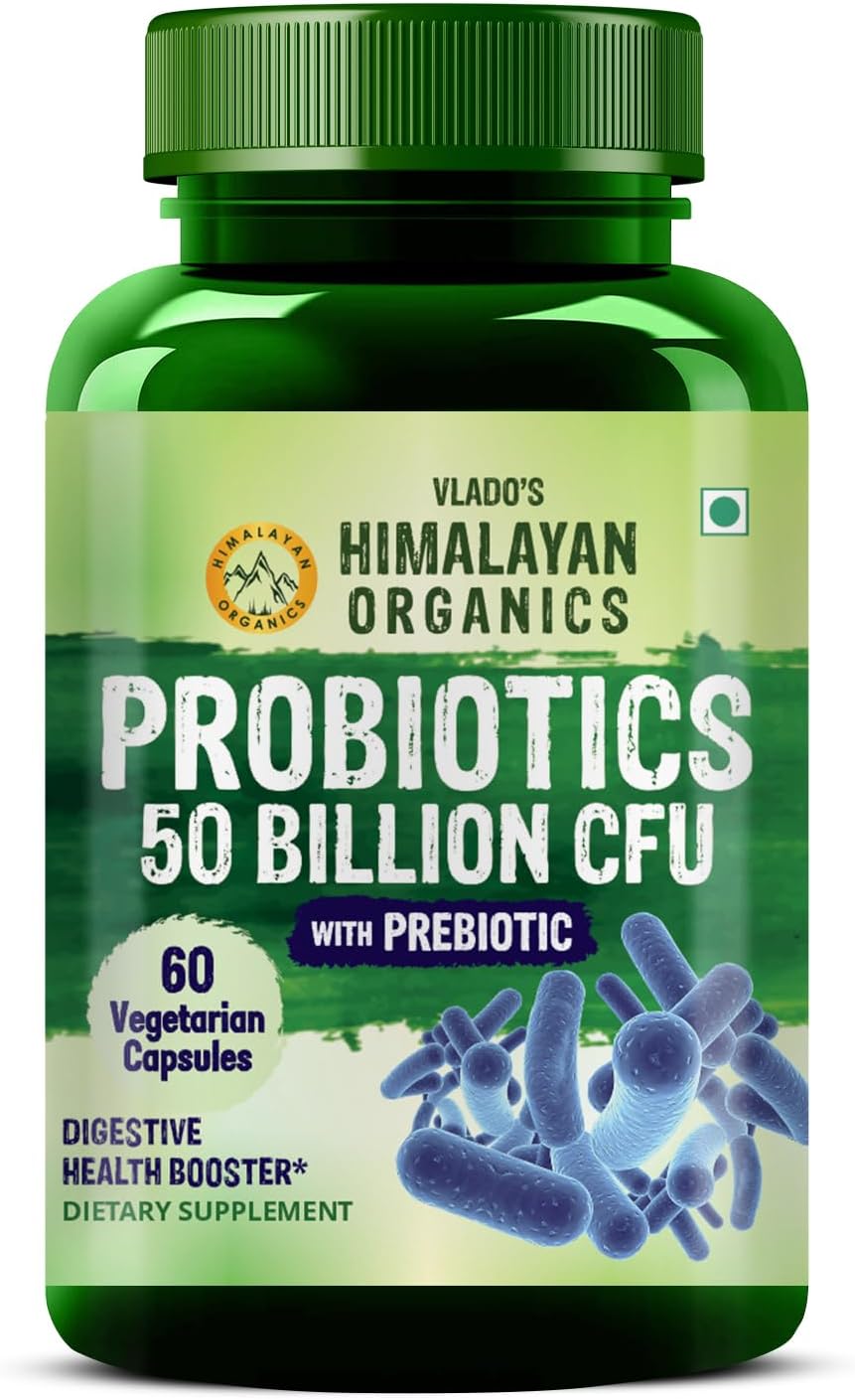 HIMALAYAN ORGANICS Himalayan Orgnics Probiotics 50 Billion CFU - 20 Strain + 150mg Prebiotic Supplement | Good For Digestive, Gut health, Immunity,Gas & Bloating Support - 60 Vegetarian Capsules