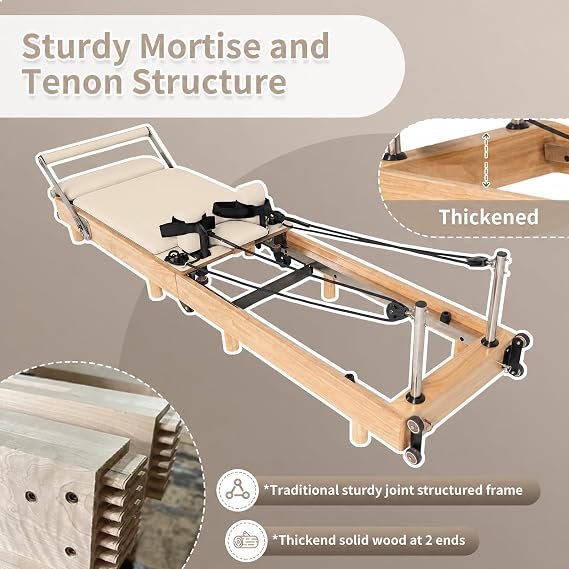 Pilates Reformer Machine, Wood Foldable Pilates Machine Equipment for Home Workout
