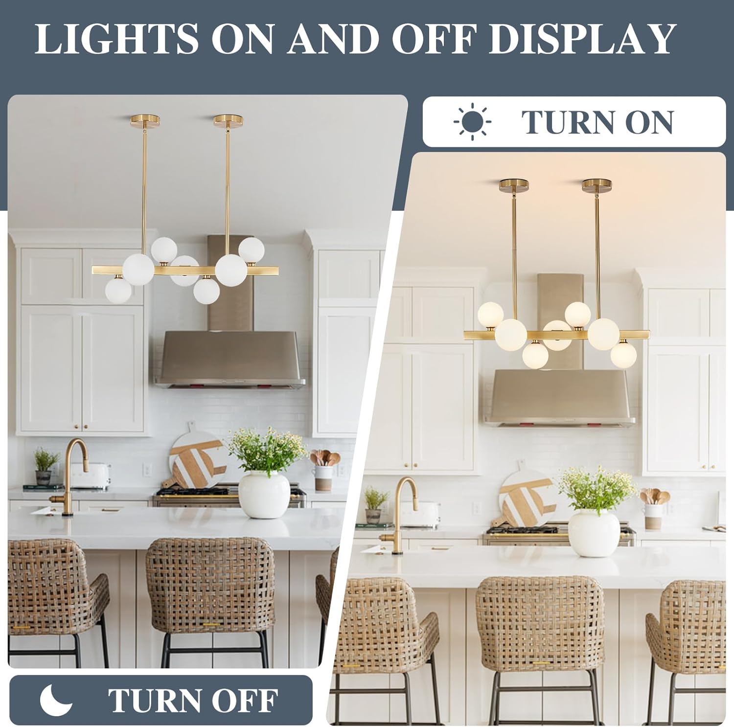 BOKT Modern Gold Chandelier 7-Lights Frosted Glass Globe Pendant Light Kitchen Island Linear Hanging Lighting Fixtures for Living Room Bedroom Dining Room Corridor