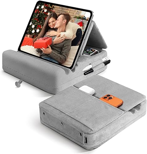 Soporte de almohada para tablet con almacenamiento, soporte plegable para iPad para Lep, cama, sofá y escritorio, base suave con bolsillo y soporte