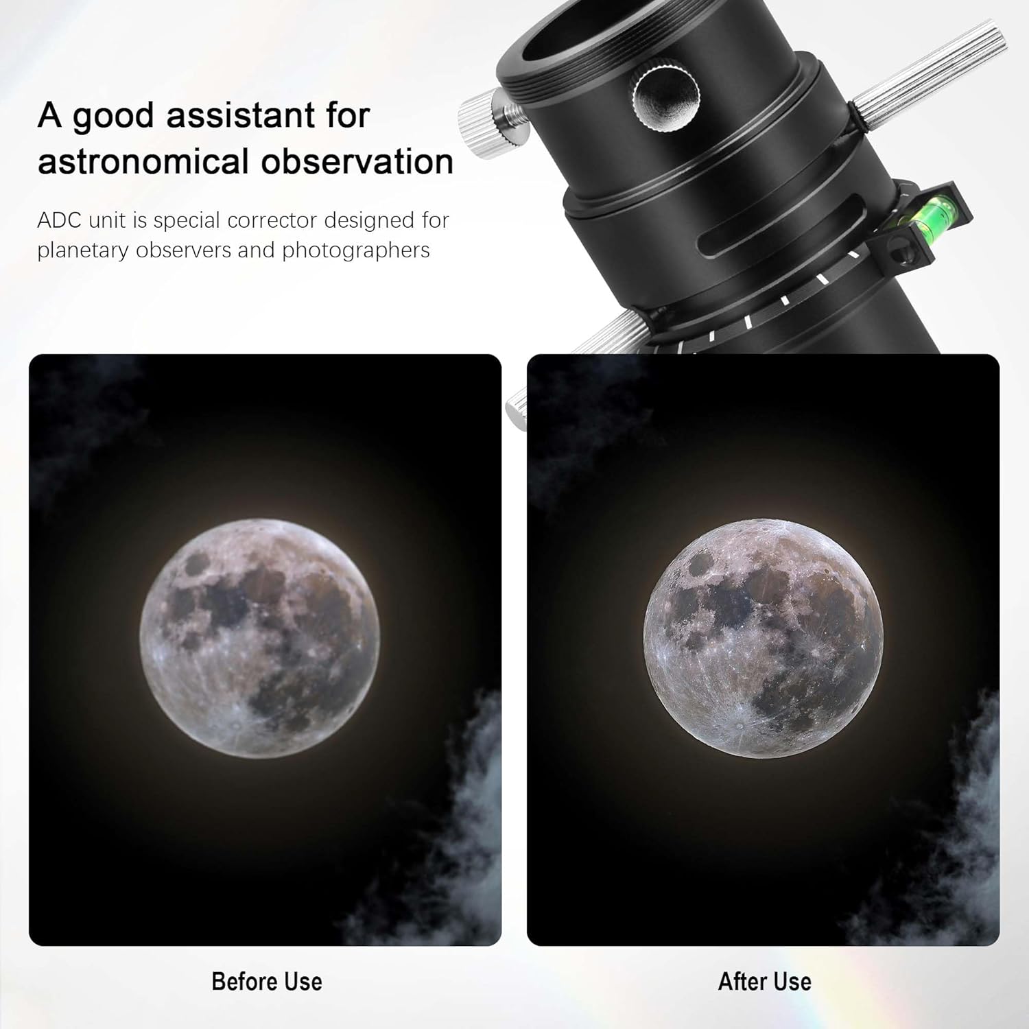 Astromania ADC Atmospheric Dispersion Corrector - 1.25 inches Apochromatic Correction Mechanism - Provides a Sharp Planetary Moon Image, Telescope Accessory with Bubble Level