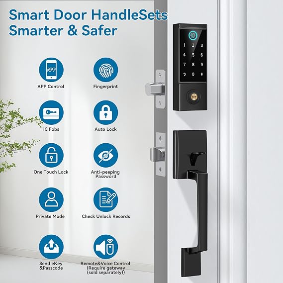 BEBASIA Smart Door Lock with Front Door Handle Set, Heavy Duty Fingerprint Handleset, Keyless Entry Smart Deadbolt for Front Door, Bluetooth Keypad Digital Lock Black