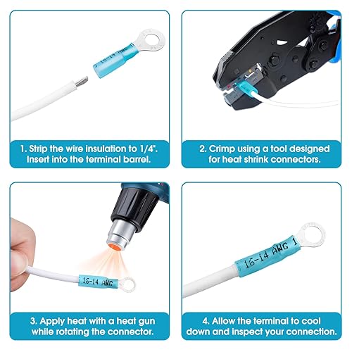 Miniatura 5 de Paquete de 100 terminales de anillo termorretráctil de 1/4 de pulgada – Conectores de alambre termorretráctiles de grado marino de 16-14 AWG