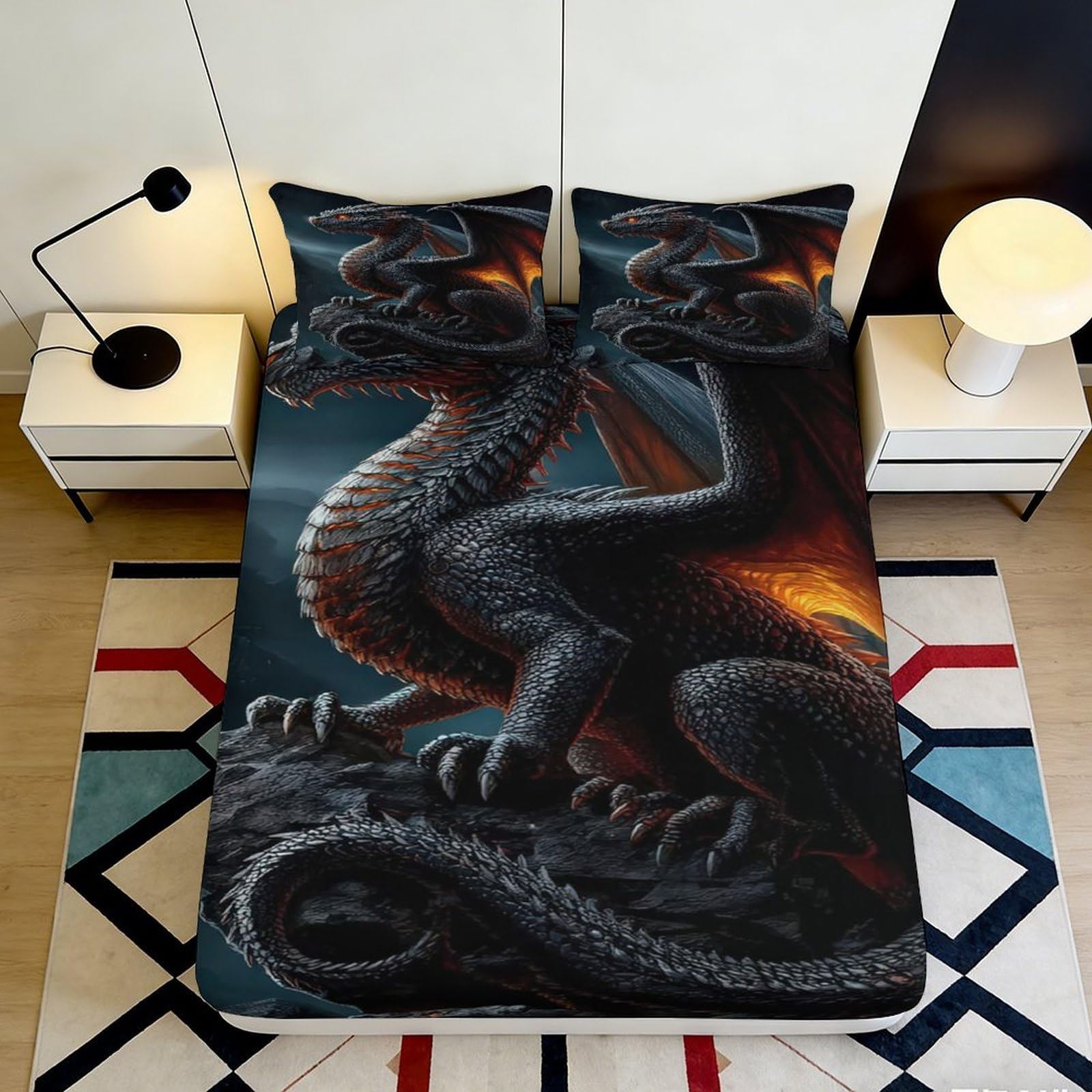 3D Printed Black Dragon Fitted Sheet Microfiber Durable 3D Printed Fire Dragon Mattress Cover for Bedroom Dormitory Guest Room Protection Decor 160x200x25cm