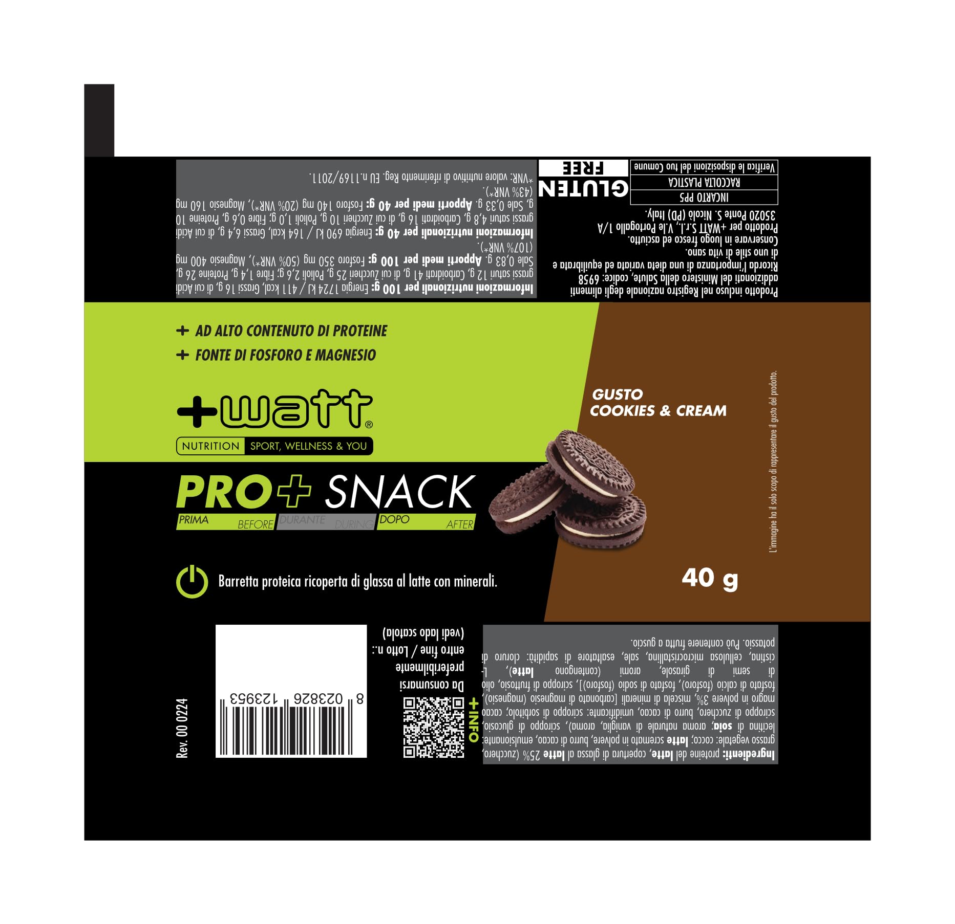 PRO+ SNACK - Barretta proteica da 40g con fosforo e magnesio ricoperta di glassa al latte.