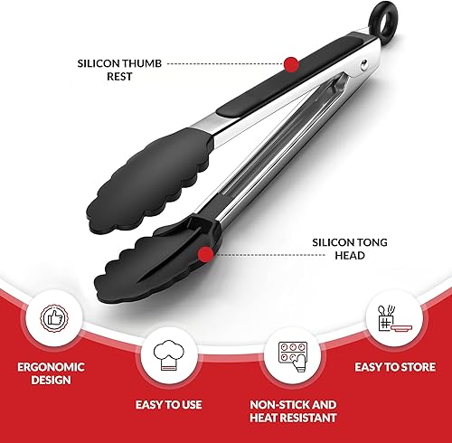 Miniatura 2 de Boxiki Kitchen - Pinzas de cocina para cocinar con puntas de silicona de acero inoxidable sin BPA, juego de 2 pinzas de silicona para cocinar, asar