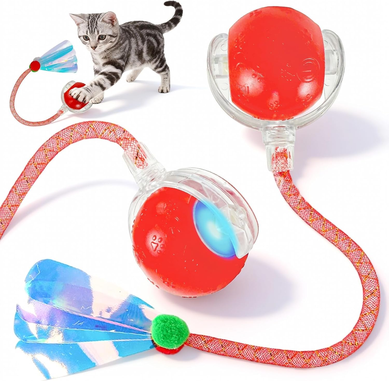 猫 おもちゃ 猫ボール 自動起動機能付き 360° 全方向回転 LED ライト搭載 Type-C 充電式 長尾電動猫 ボール 猫の運動不足解消 インタラクティブ猫遊び道具 猫 おもちゃ ボール ネコ おもちゃ 猫 動くおもちゃ (レッド01)