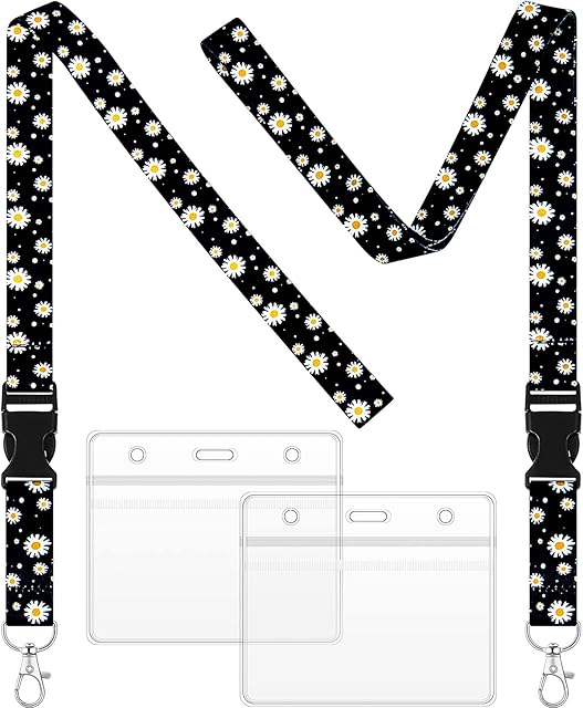 2 Sets Daisy Lanyard with Card Protector Holder Daisy Neck Strap Flower Lanyard with Metal Clasp and Waterproof Transparent Card Protector Office School Accessories