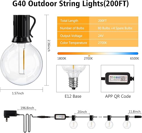 Miniatura 7 de echosari Tira de luces para exteriores con control de aplicación, tira de luces LED G40 de 200 pies para exteriores con 84 bombillas inastillables,