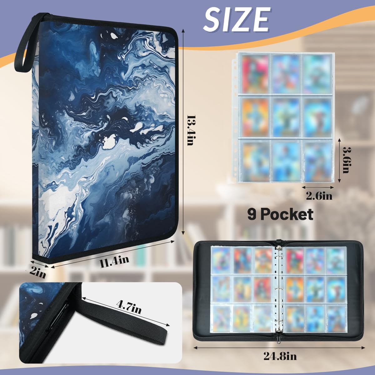 Raccoglitore per carte con 9 tasche, 900 tasche, con chiusura a cerniera (inchiostro blu lavato)