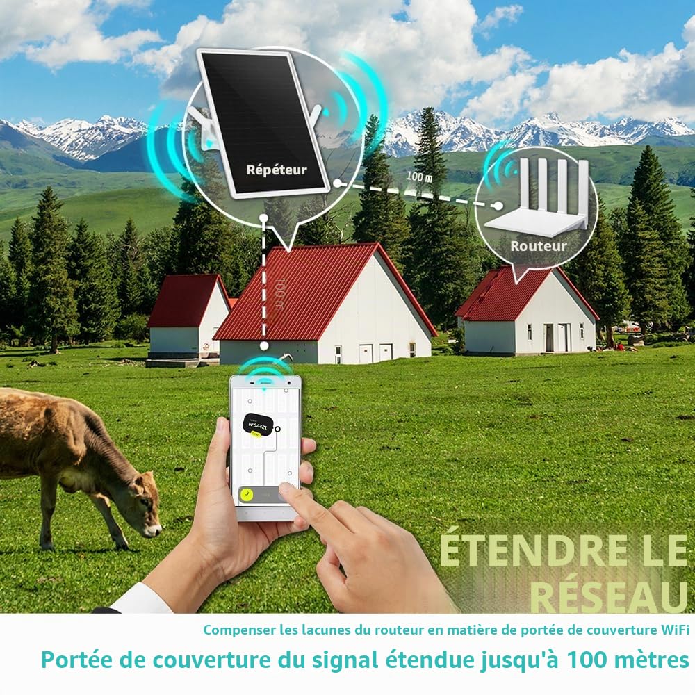 Repeteur WiFi Solaire Batterie Exterieur sans Fil, Puissant Amplificateur WiFi Couvre100-mètres, Outdoor répéteur WiFi Extender 2.4Ghz 300Mbps, Idéal pour Les Grands Espaces éloignés (14in)