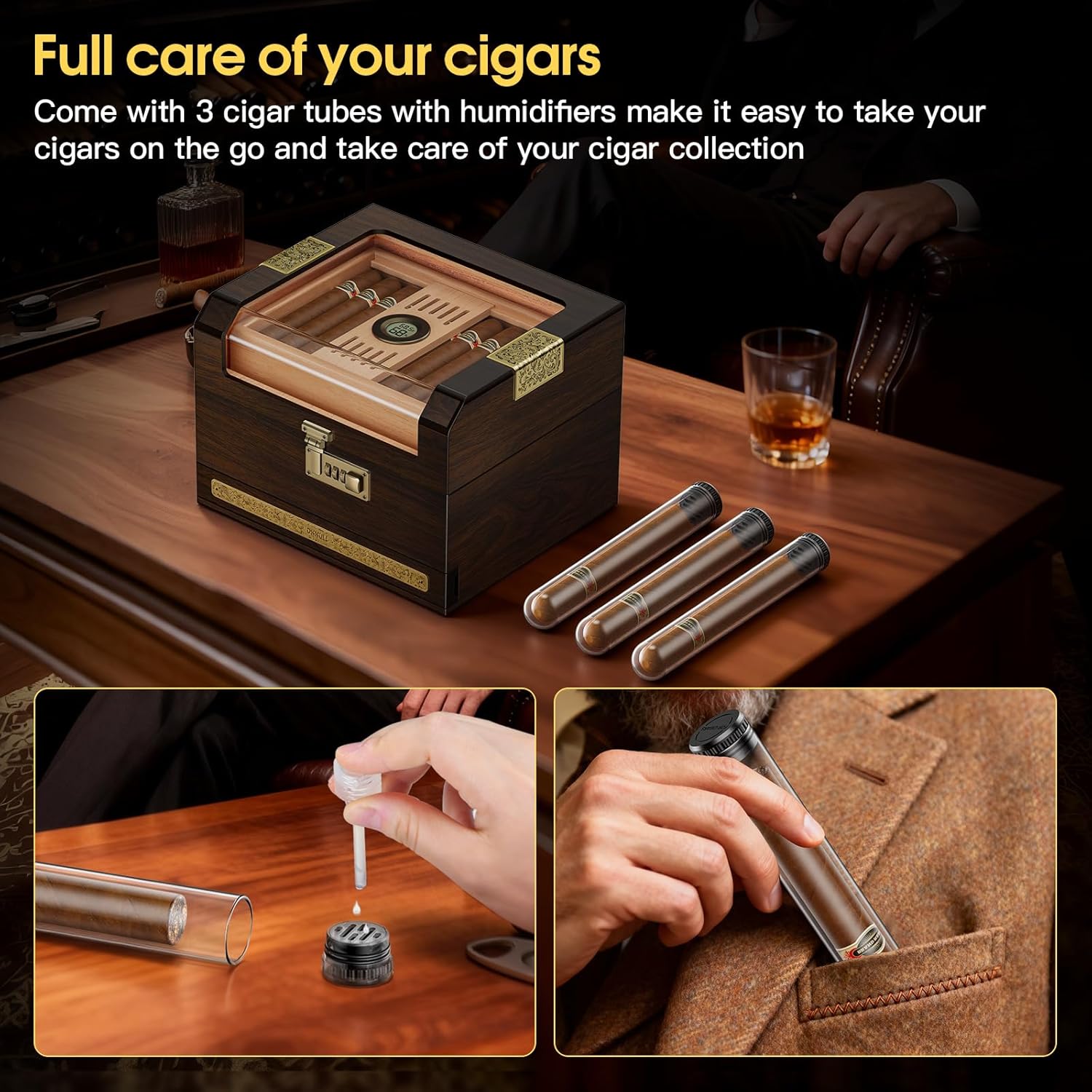 Cigar Humidor, Clear Top Cedar Wood Desktop Humidor, 2 Layer Cigar Humidor Box with Accessories Drawer, Combination Lock, Humidor Solution, Humidifier, Hygrometer, and Dropper, Men's Gift