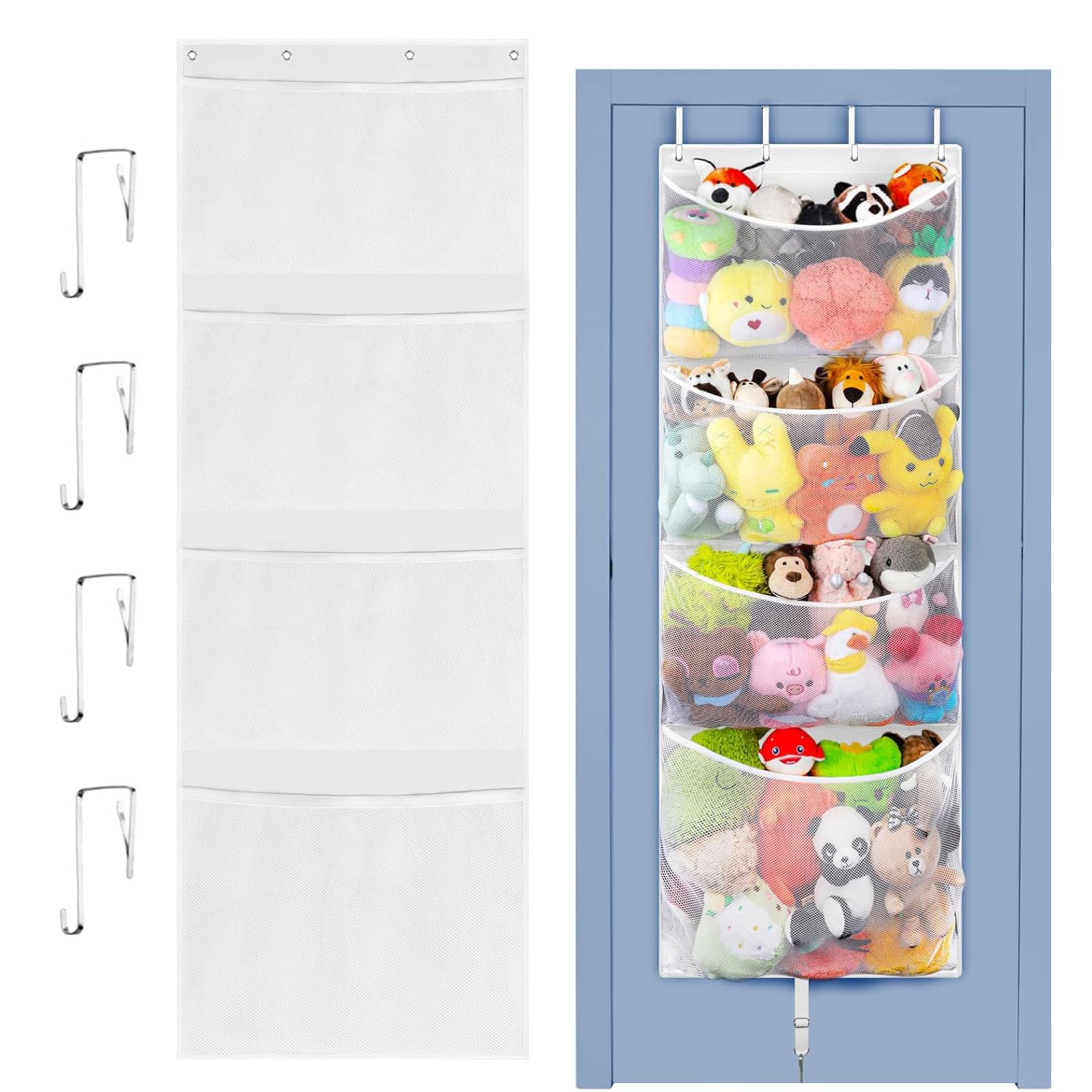 Sayudar Over Door Toy Storage - Stuffed Animal Organiser with 4 Pockets 4 Metal Hooks, Breathable Hanging Organisers Plush Net for Wardrobe, Nursery, Bedroom, Bathroom, Stuffed Animal Toy (White)