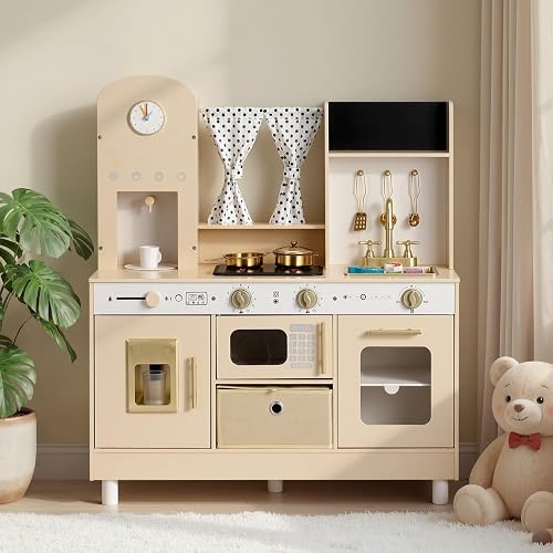 VEVOR Spielküche für Kinder, Moderne Kinderküche mit Licht & Sound, Holzküche mit Herd Backofen Spüle Mikrowelle Eisspender & Getränkespender, Küchenspielzeug mit Kochset für Kinder ab 3 Jahren, Beige