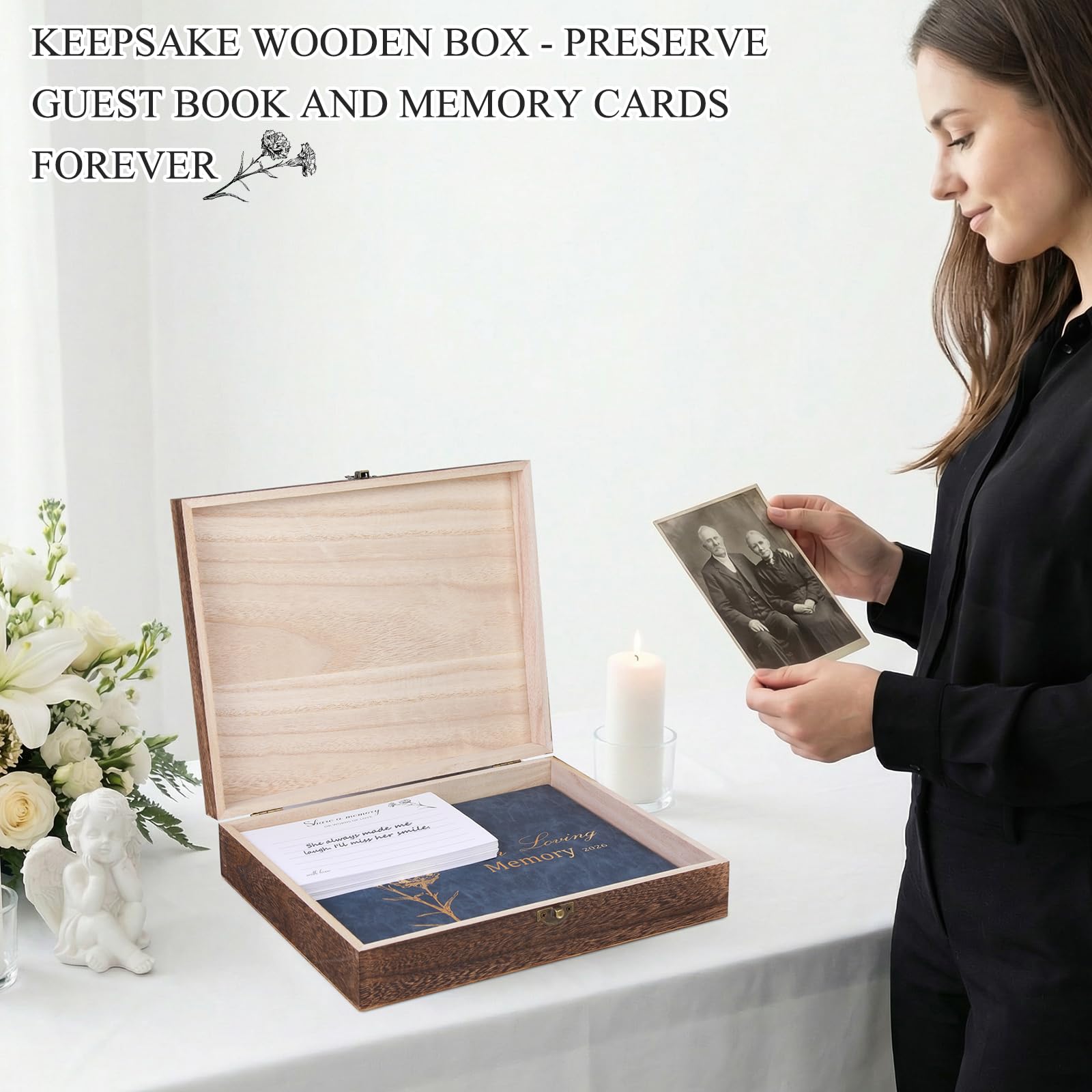 Juego de libro de invitados funerario con caja de recuerdos de madera, incluye 50 tarjetas de memoria en blanco, tarjeta de mesa de memoria, tarjeta de instrucciones, caja de tarjetas y libro de