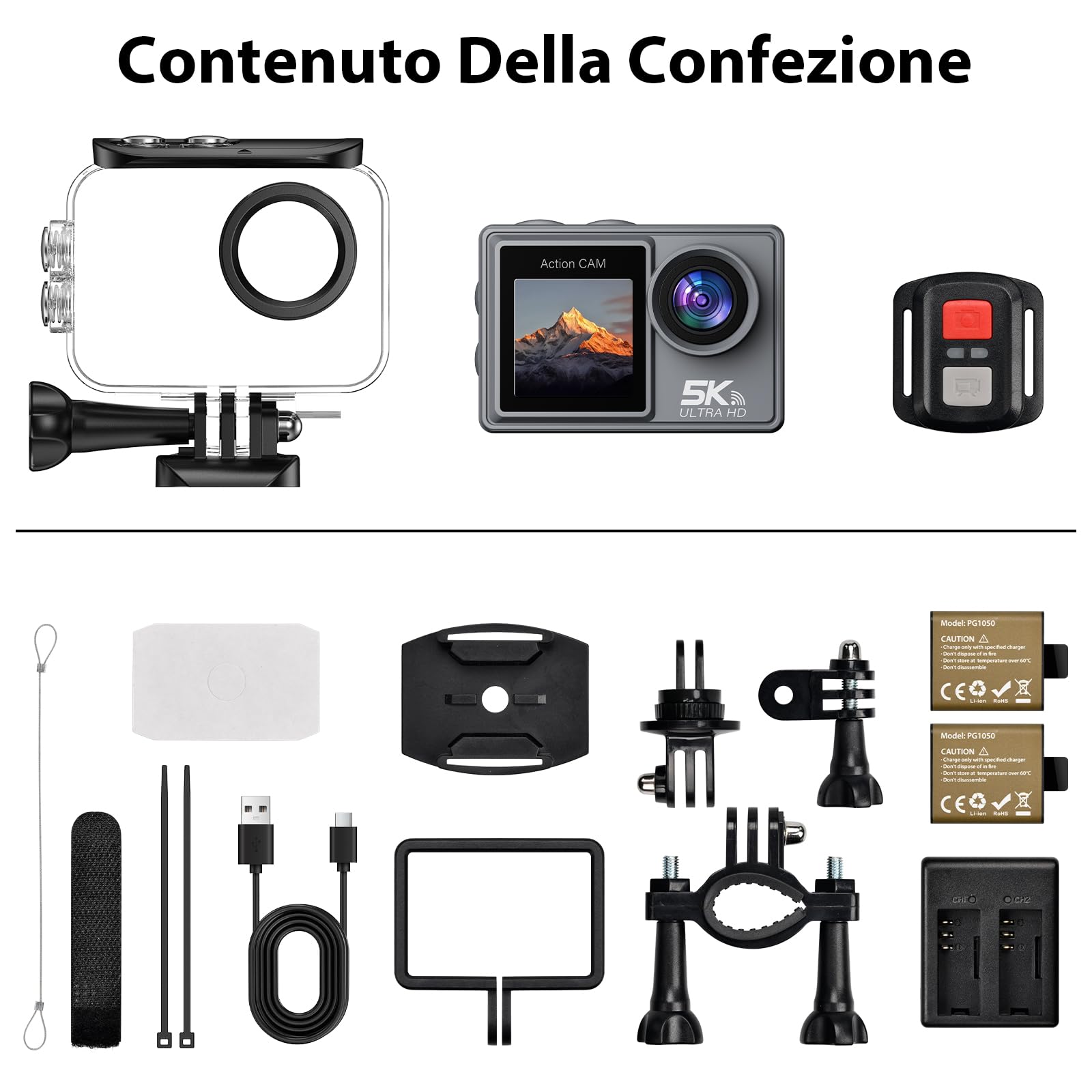 Action Cam 5K/4K 60FPS, 50MP Fotocamera Subacquea Impermeabile 30M, Action Camera con Scheda SD 64GB, EIS, Doppio Schermo, WiFi, Grandangolo 170°, Telecamera per Moto, Bicicletta, Vlog | 5 K 30 FPS / 4 K 60 FPS, foto 50 MP, telecomando incluso