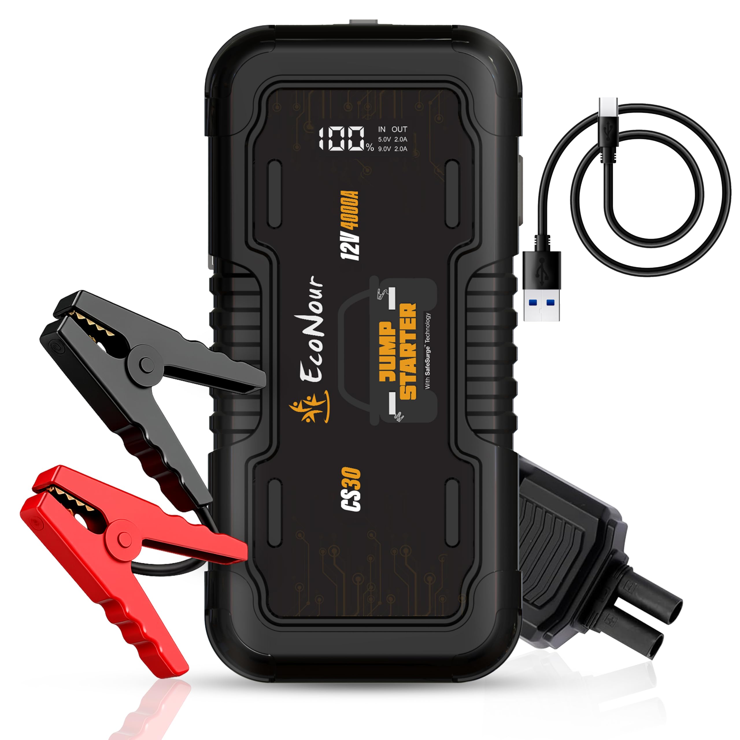 EcoNour car Battery Jump Starter 4000A Peak Up to 10L Gas &amp; 10L Diesel Engines 12V Lithium Jump Box with Jumper Cables, USB Charger, LCD Display, LED Flashlight – for Cars, SUVs, Trucks