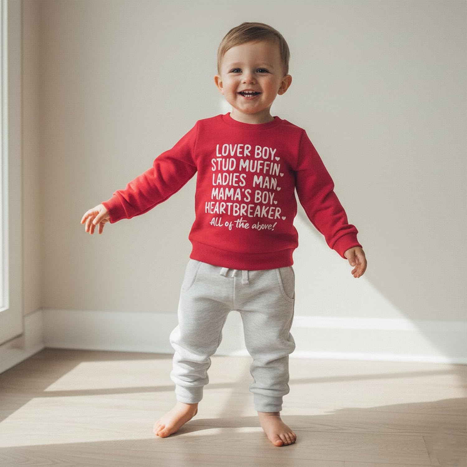 Fernvia Toddler Baby Boy Valentines Day Outfit Letter Print Long Sleeve Crewneck Sweatshirt + Joggers Pants Sets - Image 3