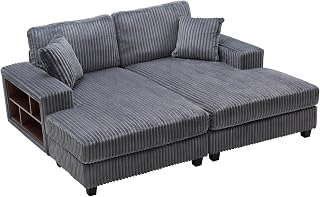 Modern Convertible Sofa Sleeper Couch, Corduroy Upholstered Double Chaise Lounge with Arm Storage Cabinet for Living Room Apartment Office (Gray, 79.5" Double Chaise Lounge) | Removable Cushions, With Pillows, Premium Fabric, Convertible, Storage Armrest, Easy to Assemble
