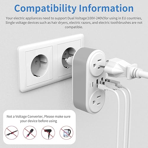Miniatura 7 de Adaptador de enchufe de viaje europeo para Europa y Reino Unido, enchufe de alimentación internacional con 2 tomas de corriente alterna y 3 puertos