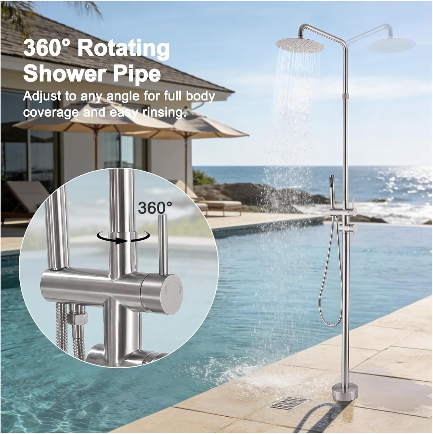 Height Adjustable Freestanding Outdoor Shower with Hose Hookup, Floor Mounted for Backyard, Poolside, Hot & Cold Water Option