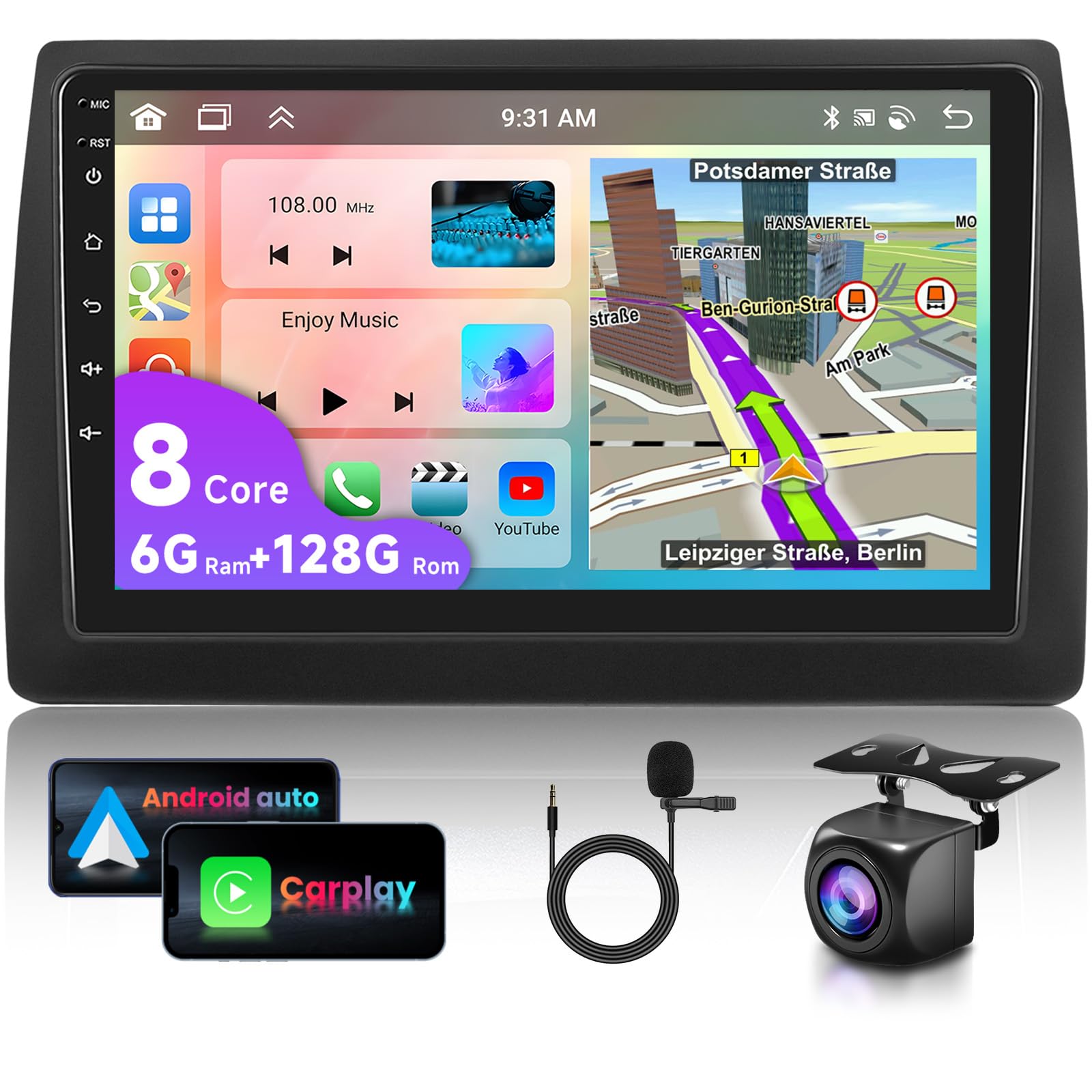 6G&128G 8 core VECHTEL 9"Autoradio per Fiat STILO 2002-2010 con Carplay Android Auto Wireless,8-Core,1280 * 720,Bluetooth RDS/FM Radio,Wi-Fi Navi Telecamera posteriore AHD/CANBUS